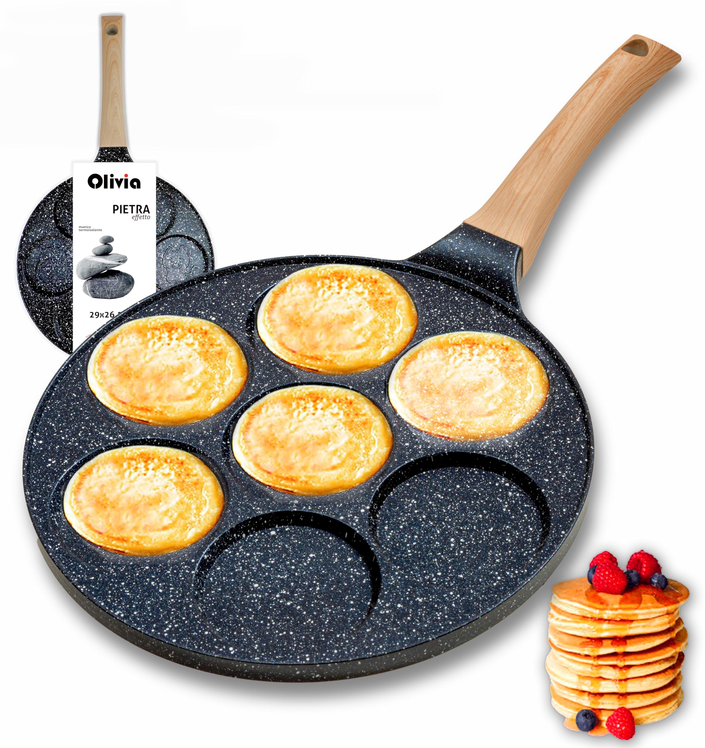IPEA Padella Pancake Antiaderente per Induzione e Gas - Anti Aderente in Alluminio Per Frittata, Crepes, Uova, Hamburger - Padella da Cucina con 7 Stampi - Manico Comfort - 29 x 26,5 cm