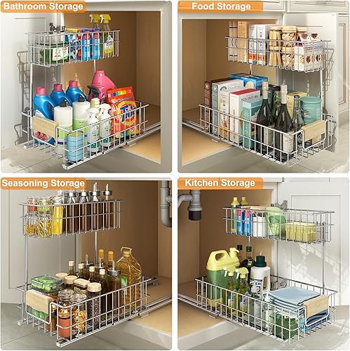 Miniatura 8 de RITSU Organizador de gabinete extraíble, estante de almacenamiento deslizante debajo del fregadero con cajón de alambre deslizante de 2 niveles,