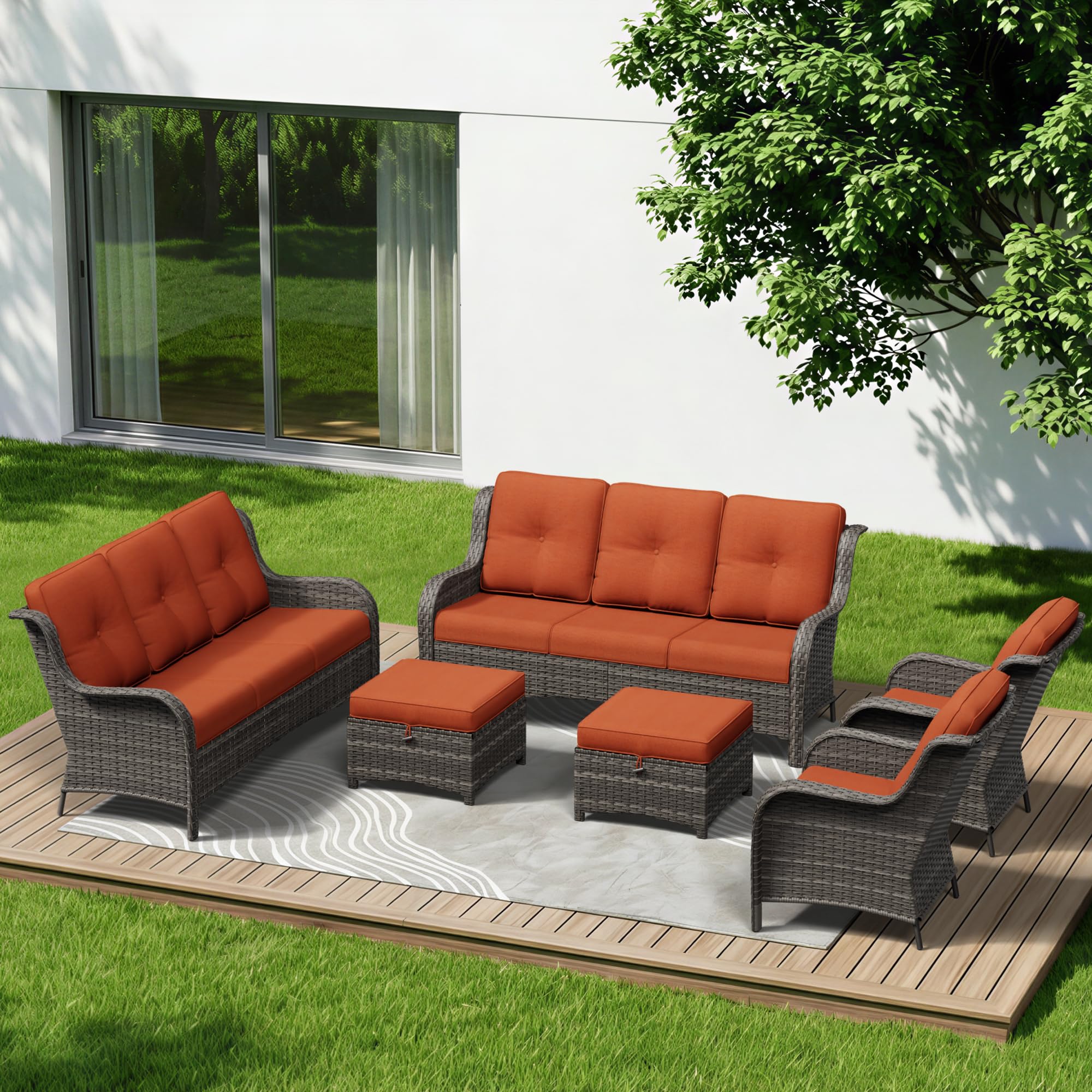 6 Piece Outdoor Wicker Patio Furniture Set, Patio Chairs Set with Thickened Olefin Cushions, High Back and Deep Seating, Hand-Woven PE Rattan, Ottoman for Porch, Deck