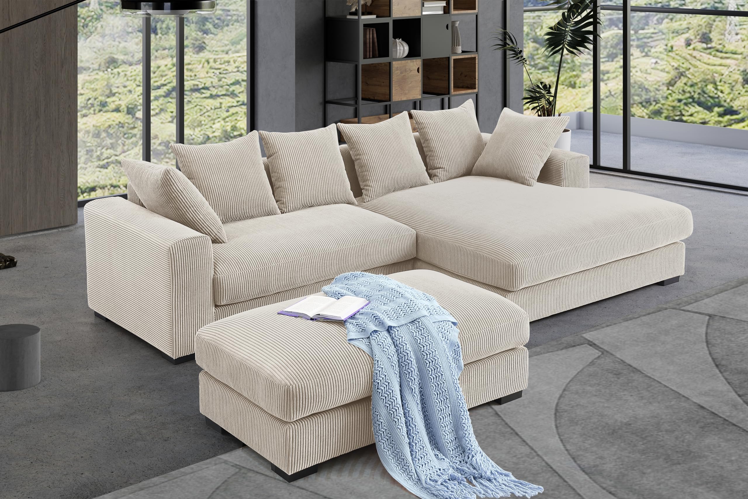 WILLIAMSPACE 109.75" Sectional Sofa Couch with Removable Ottoman, Modern Luxury Upholstered L-Shaped Sofa with Large Chaise Lounge, Comfy 4-Seat Couch with 6 Pillows for Living Room (Beige)