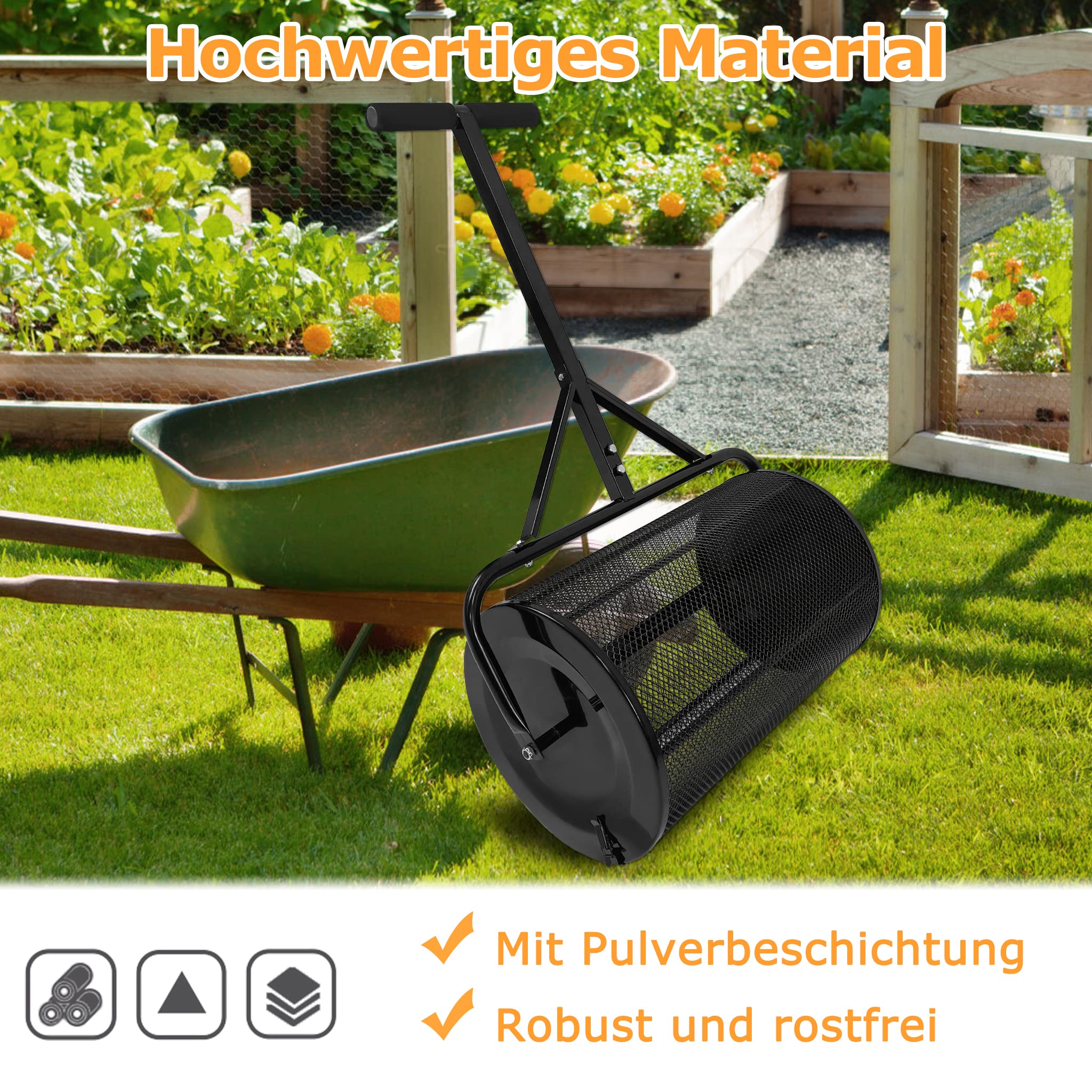 UISEBRT Kompoststreuer 80L Rasen- und Gartenstreuer mit Griff, 65cm Breit Kompost-Streuer und Torfmoos-Streuer mit Mesh-Korb Saatgutstreuer für Kompost Dünger Saat Torf, Schwarz