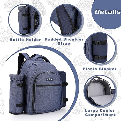 Miniatura 76 de apollo walker Mochila de picnic para 2 personas con compartimento refrigerador, soporte desmontable para botellas/vino, manta de vellón, platos