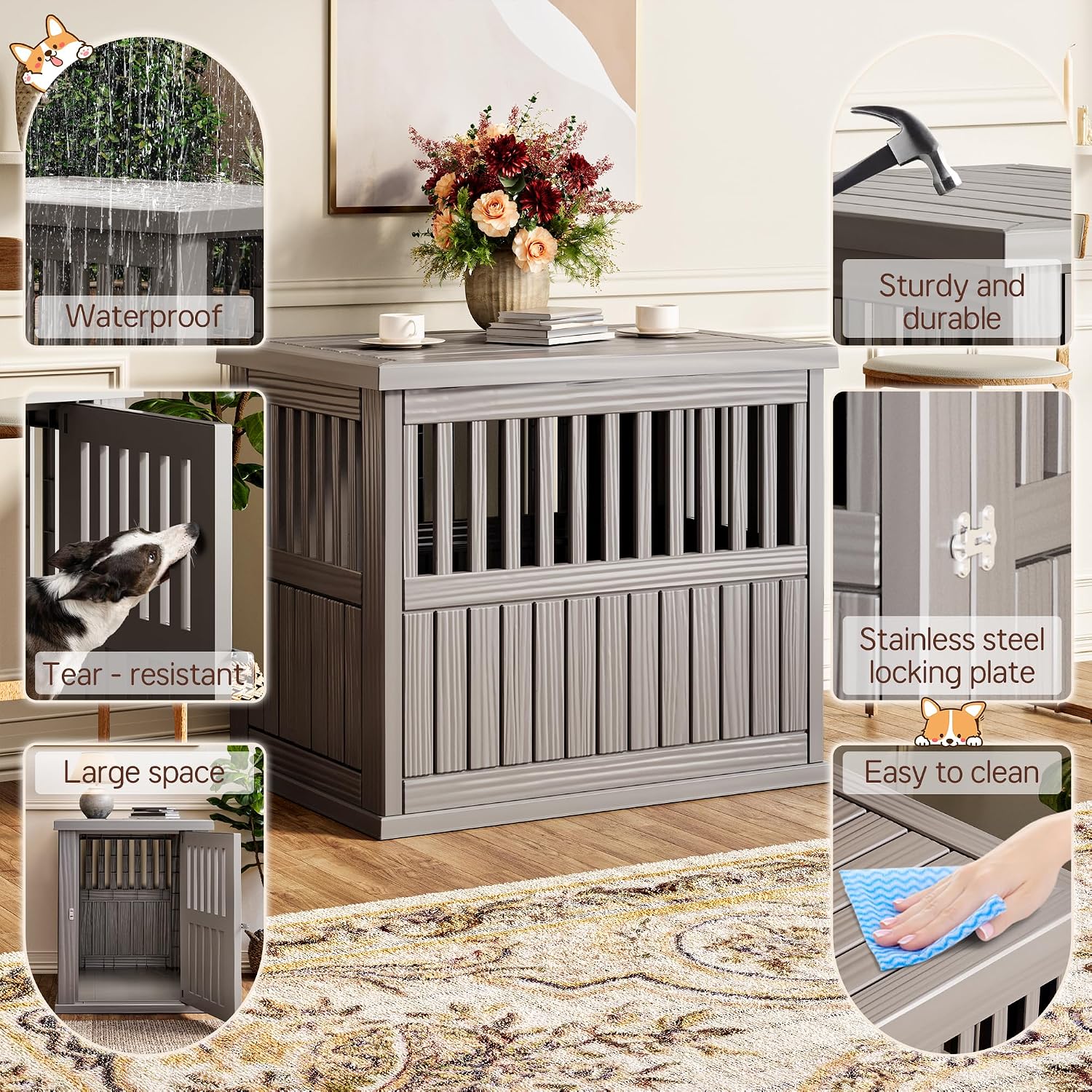 Fancyango 40-Inch Heavy Duty Dog Crate Furniture Lockable Indoor Outdoor Kennel & End Table for Small/Large Dogs Decorative Plastic Pet Cage in Grey