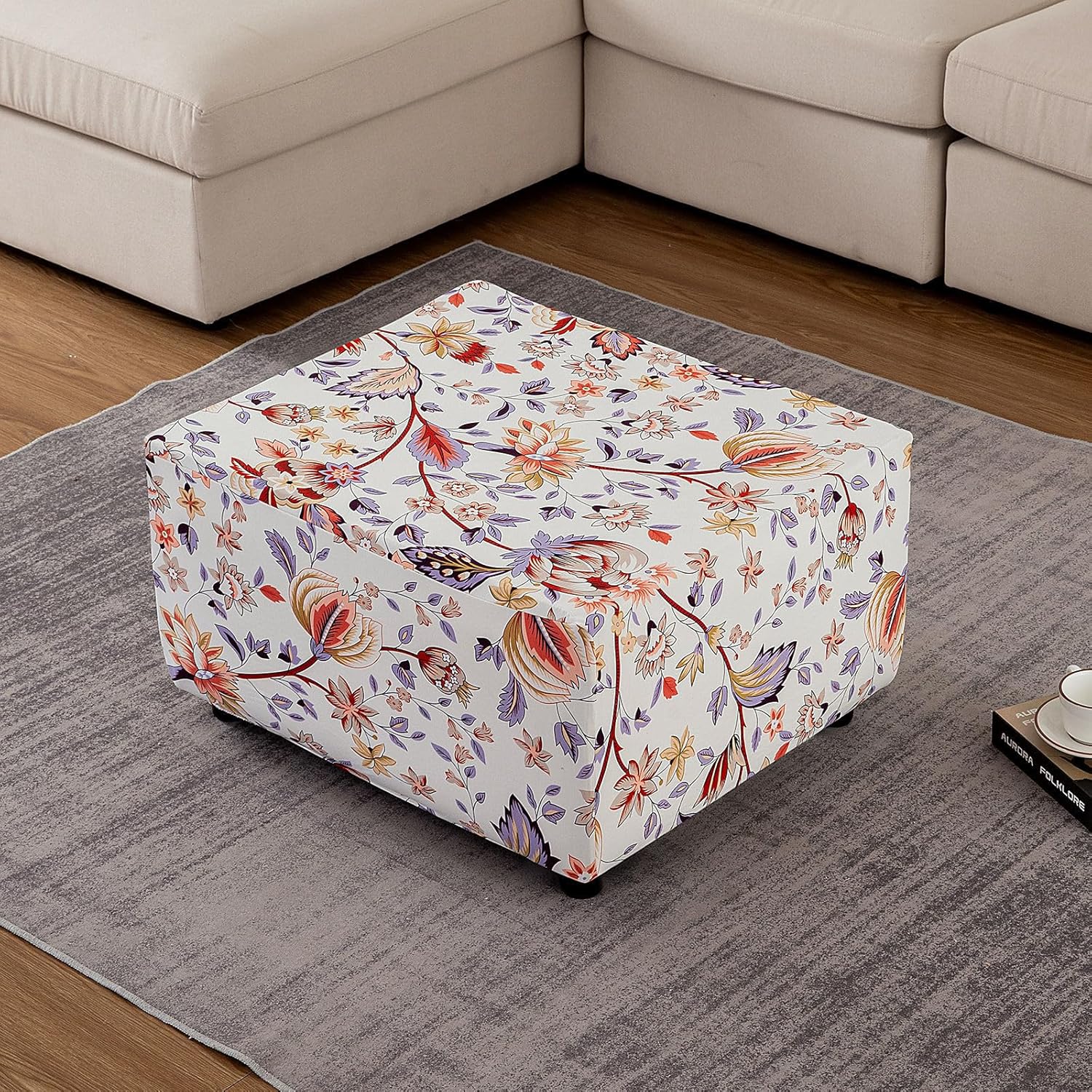 Ottoman Cover Rectangle, 1 Piece Ottoman Slipcovers Printed Spandex Ottoman Covers Slipcover Washable Footrest Stool Covers for Dogs Cats-Q-X-Large