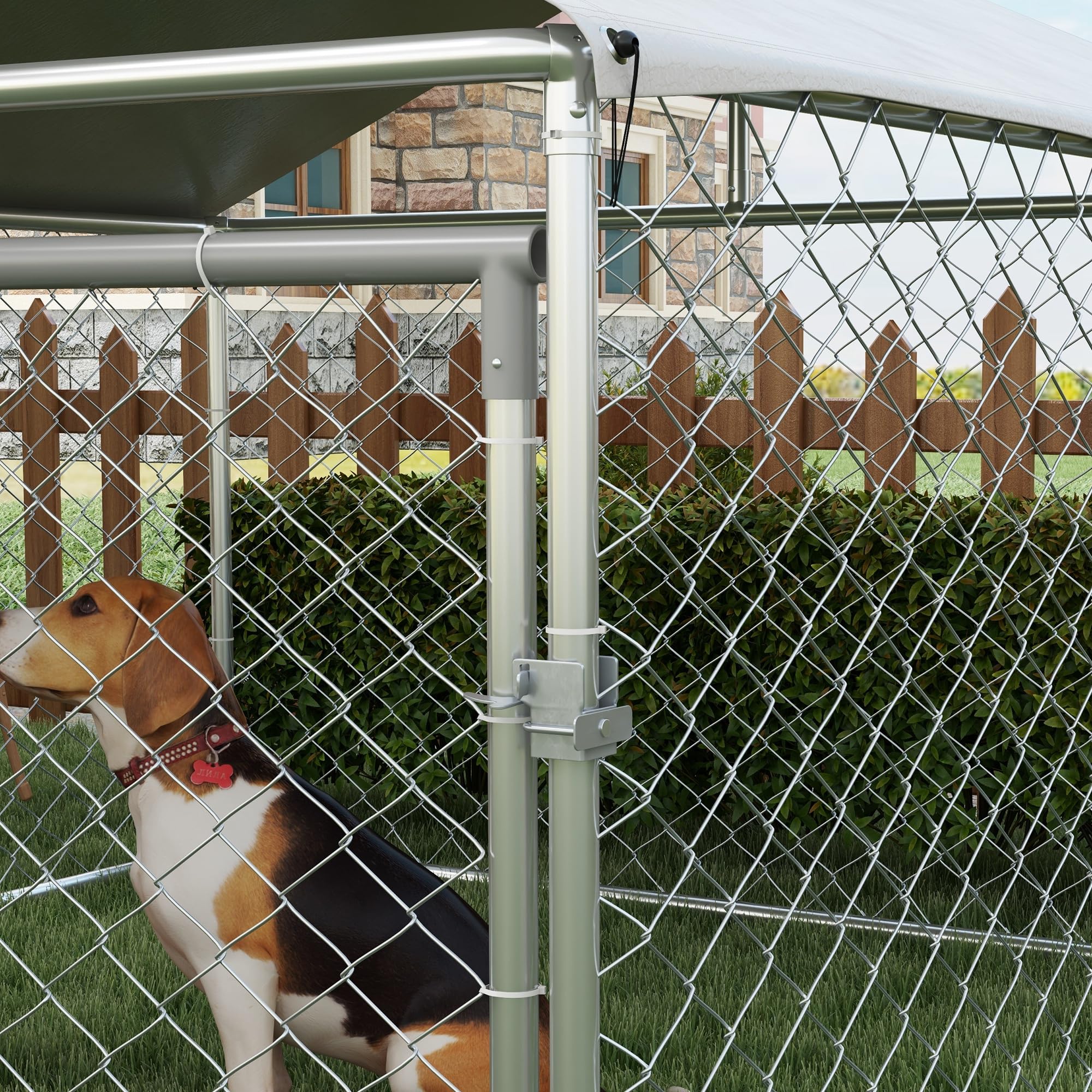 PawHut Perrera Jaula de Exterior para Perros Medianos Parque para Perros con Cerradura Marco de Acero Toldo Impermeable y Anti-UV 200x200x150 cm Plata