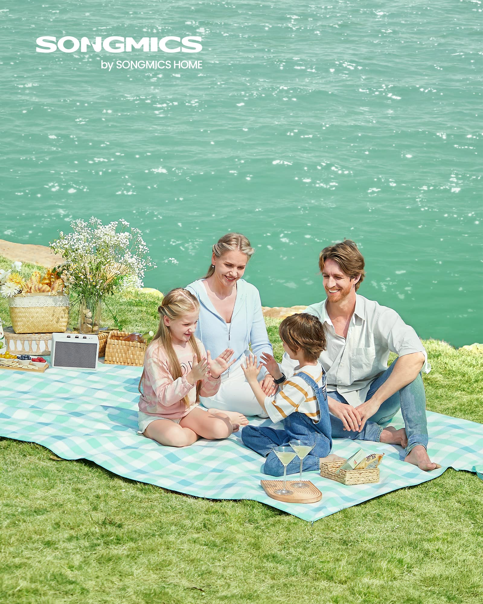SONGMICS Coperta Picnic 300x200 cm Impermeabile Pieghevole Verde Bianco