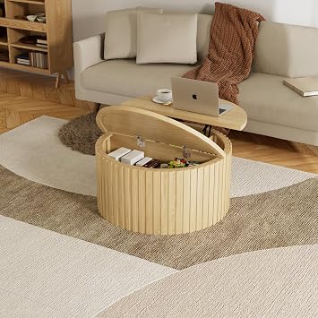 Fluted Lift Top Coffee Table with Hidden Storage, 31.6 Inch Round Coffee Tables for Living Room, Circle Wood Center Tables for Home Oak Wood
