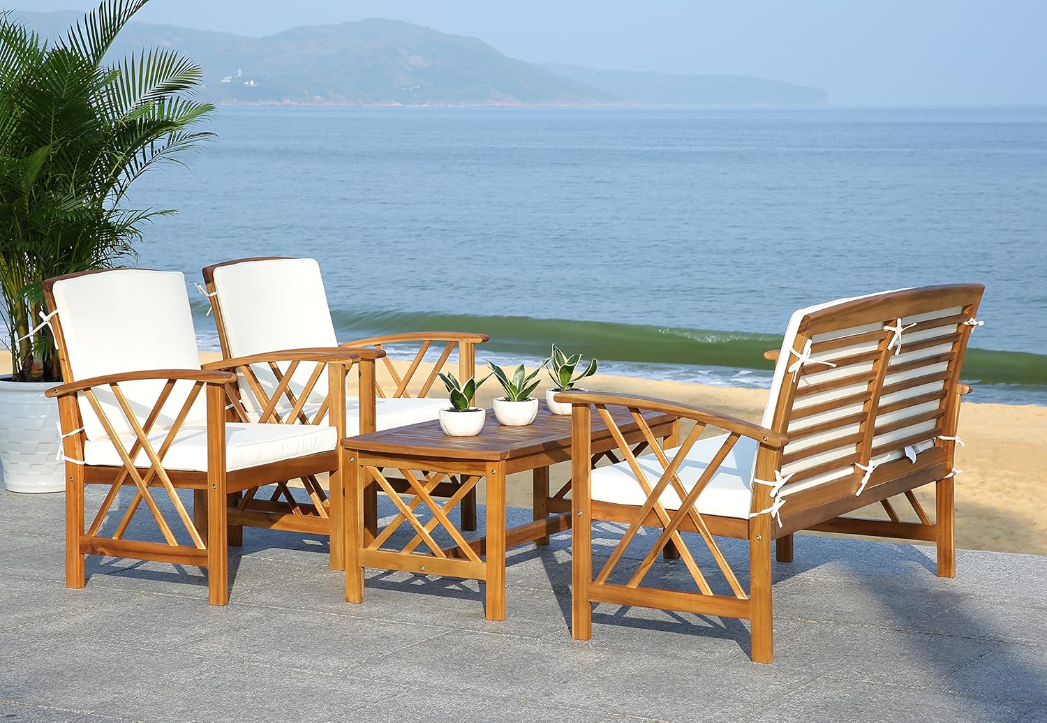 SAFAVIEH Outdoor Collection Fontana Natural/ Beige 4-Piece Conversation Patio Set with Cushions