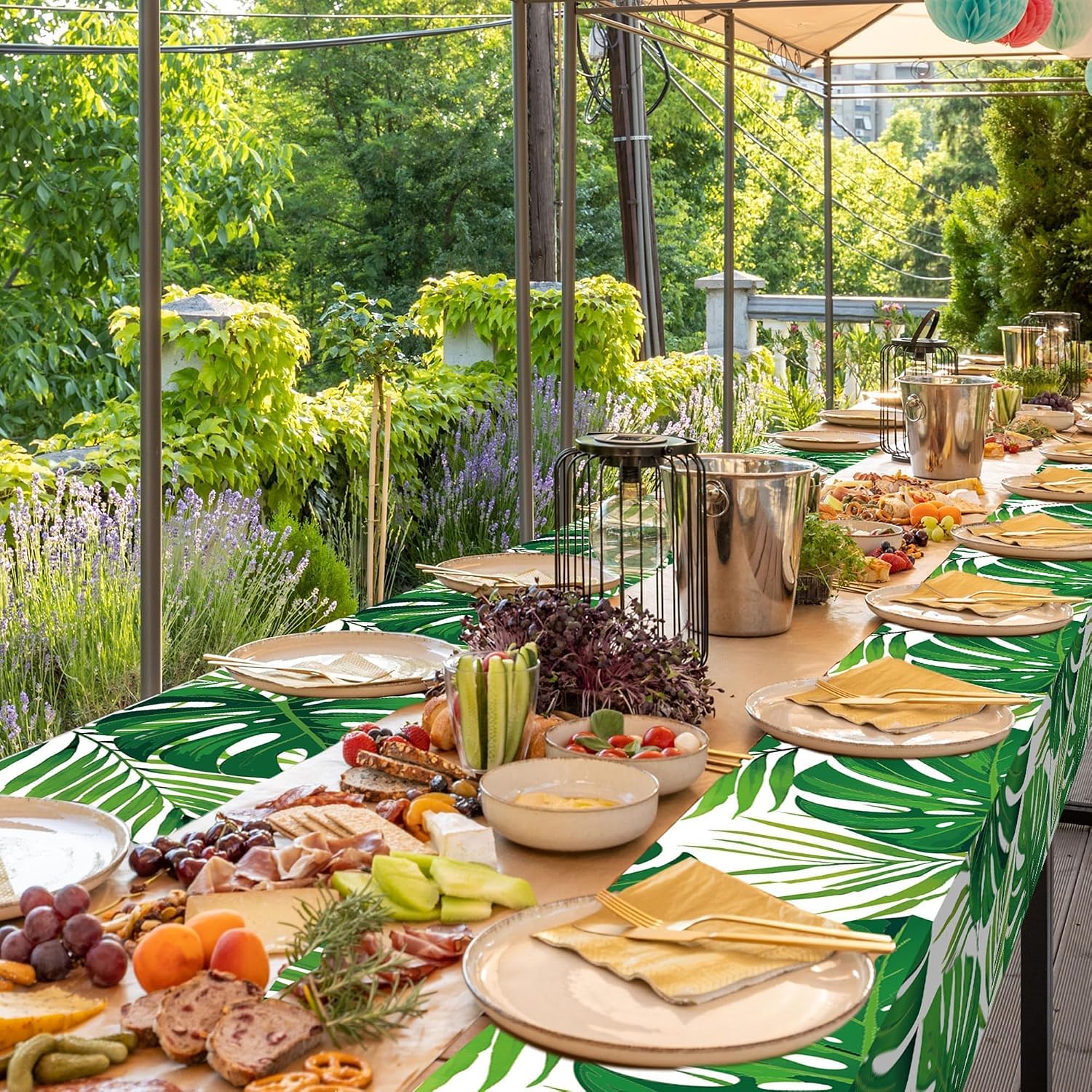 Kochorie 100 Ft x 54 Inch Palm Leaves Tablecloth Roll with Cutting Box Hawaiian Luau Tablecloths Disposable Aloha Tropical Table Cover Backdrop for Hawaii Birthday Summer Beach Tropical Party Supplies
