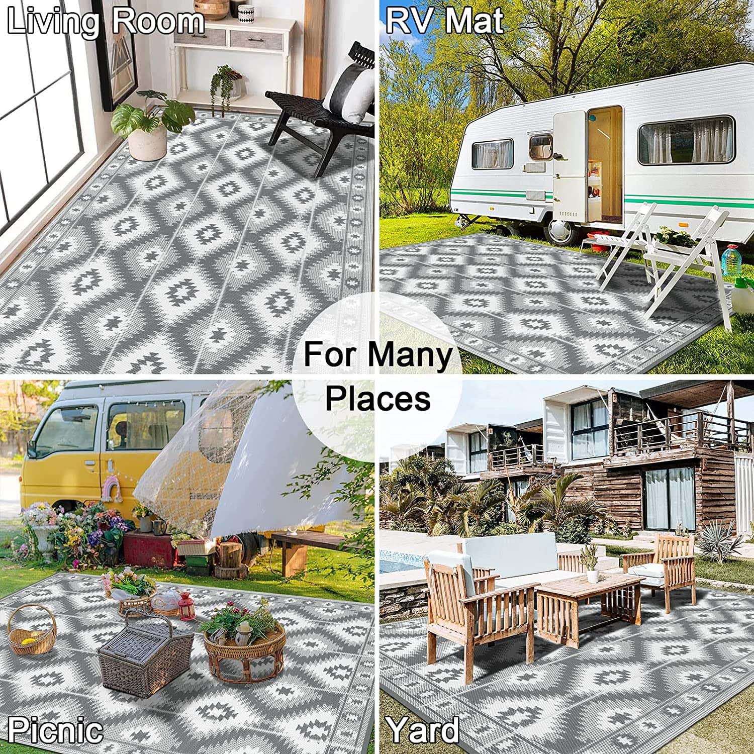 SHACOS Outdoor Rug for Patios Waterproof 240x300 cm Reversible Garden Rug Patio Rugs UV Resistant Foldable Outdoor Carpet Mat Plastic Straw Rugs for Balcony Decking Camping Beach, Grey — view 49