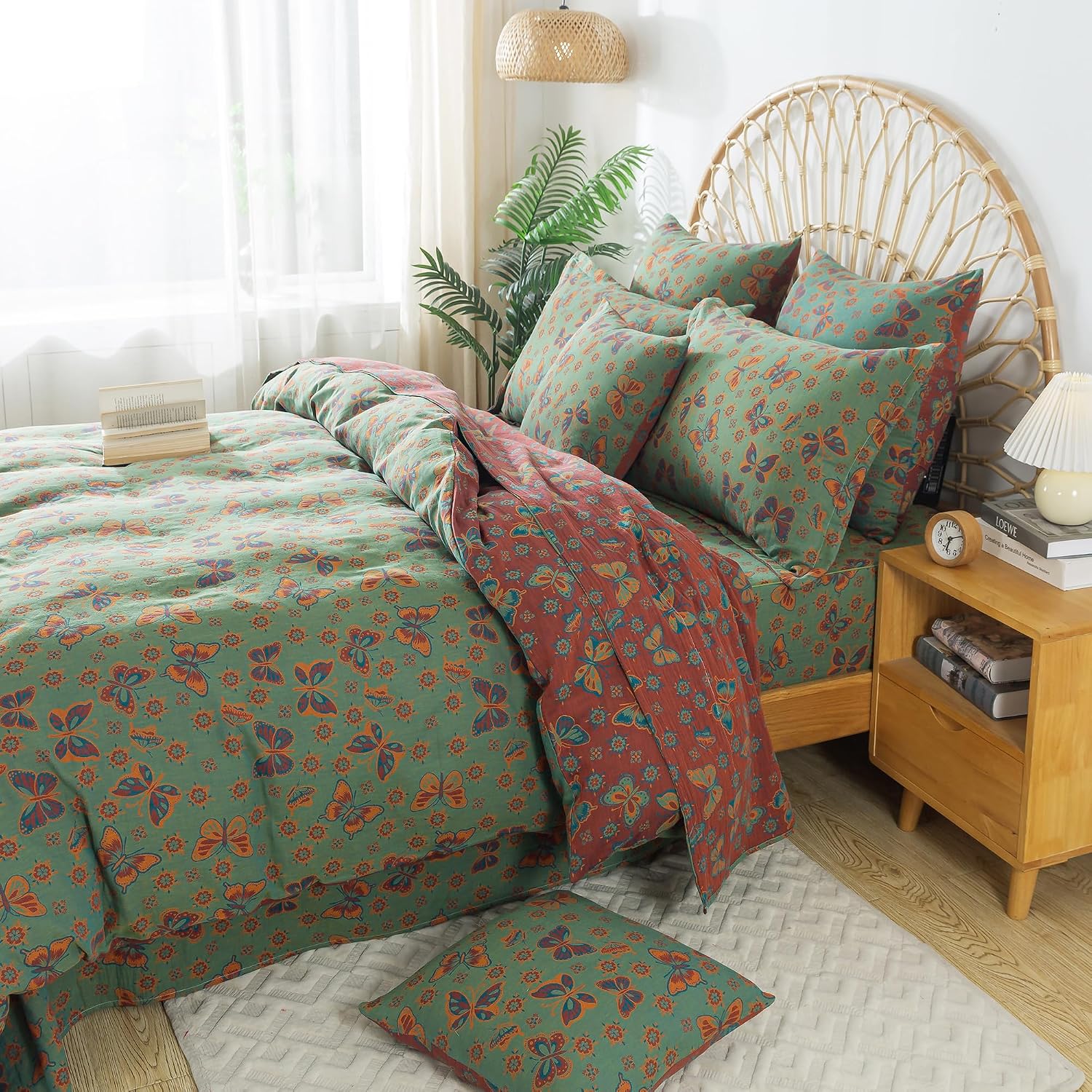 FADFAY Shabby Butterfly Duvet Cover Queen Vintage Farmhouse Green Red Floral Bedding Super Soft Washed Double -Layer Muslin 100% Cotton Comforter Cover with Hidden Zipper Closure 3Pcs, Queen Size