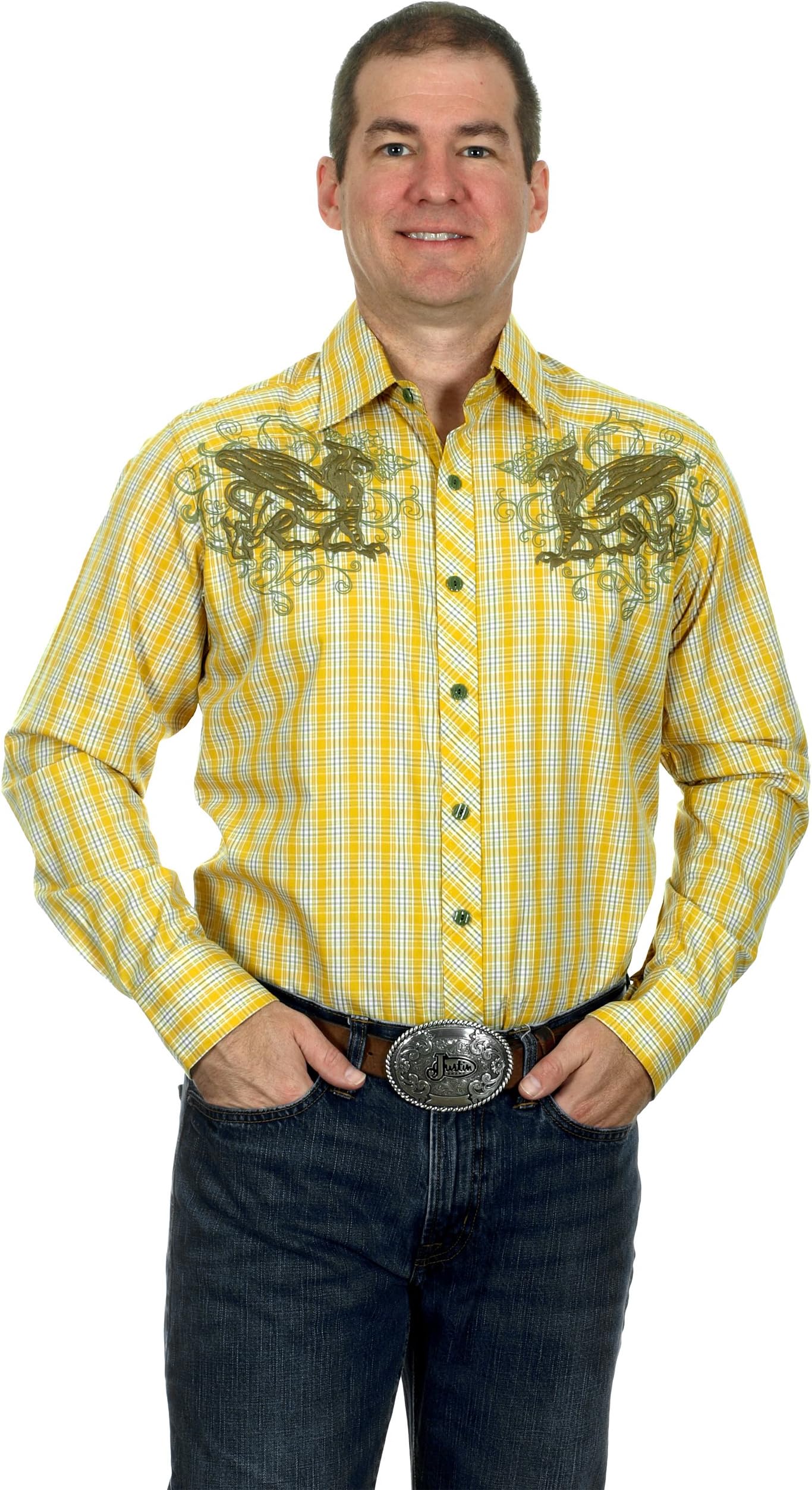 Men's Western Plaid Long Sleeve Pearl Snap Shirt with Embroidered Griffons in 4 Great Colors (X-Large, Yellow)