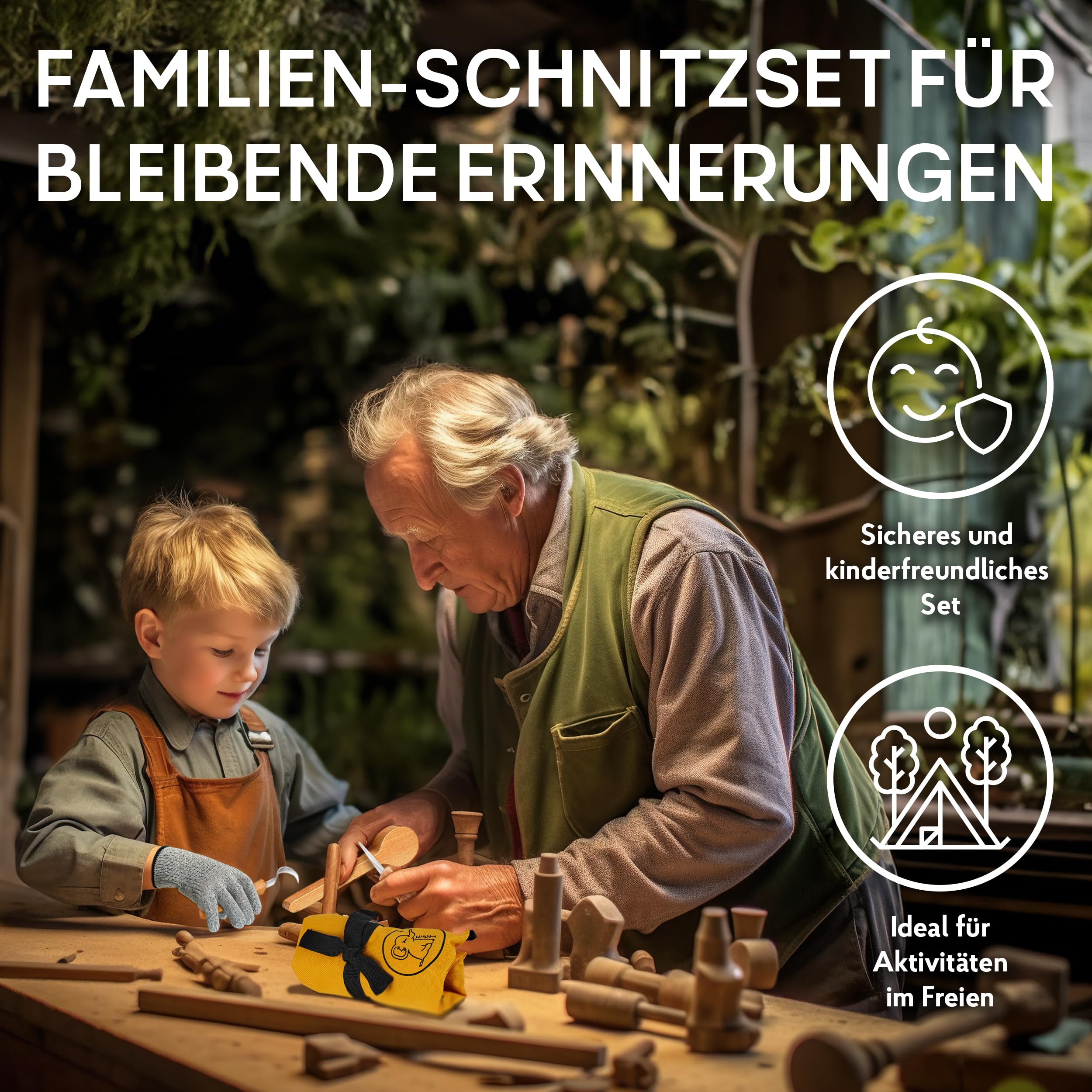 Eli® Schnitzmesser Kinder Set ab 6 Jahre inkl. Handschuhe und Schnitzholz | hochwertiges 15-teiliges Kindermesser Schnitzset - Kinderschnitzmesser - Schnitzwerkzeug - Taschenmesser - schnitzen Geschenk