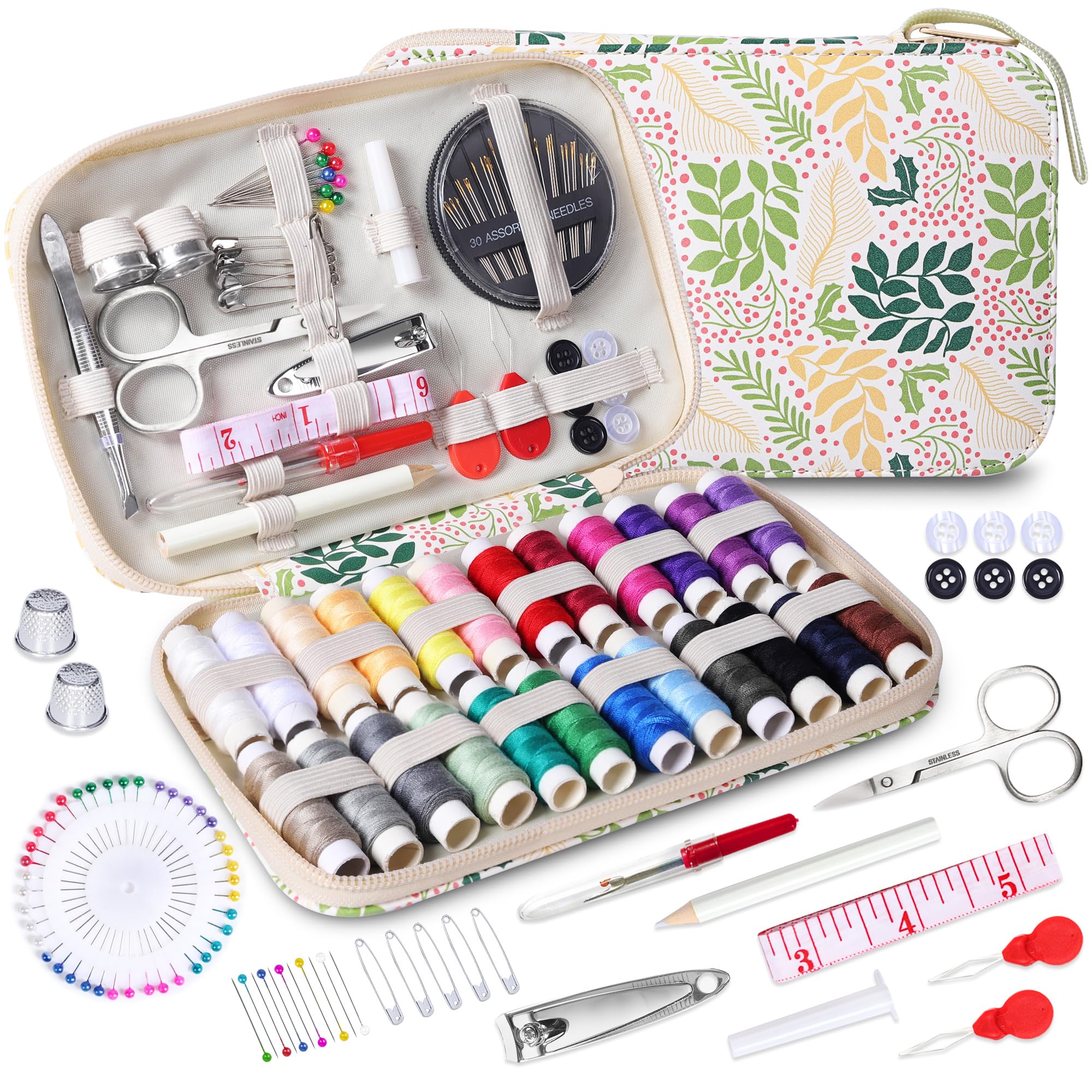 Sewing Kit with Leaf Case, Complete Threads and Needles Set, Basic Sewing Accessories 24Pcs Thread Spool for Adults DIY, Home