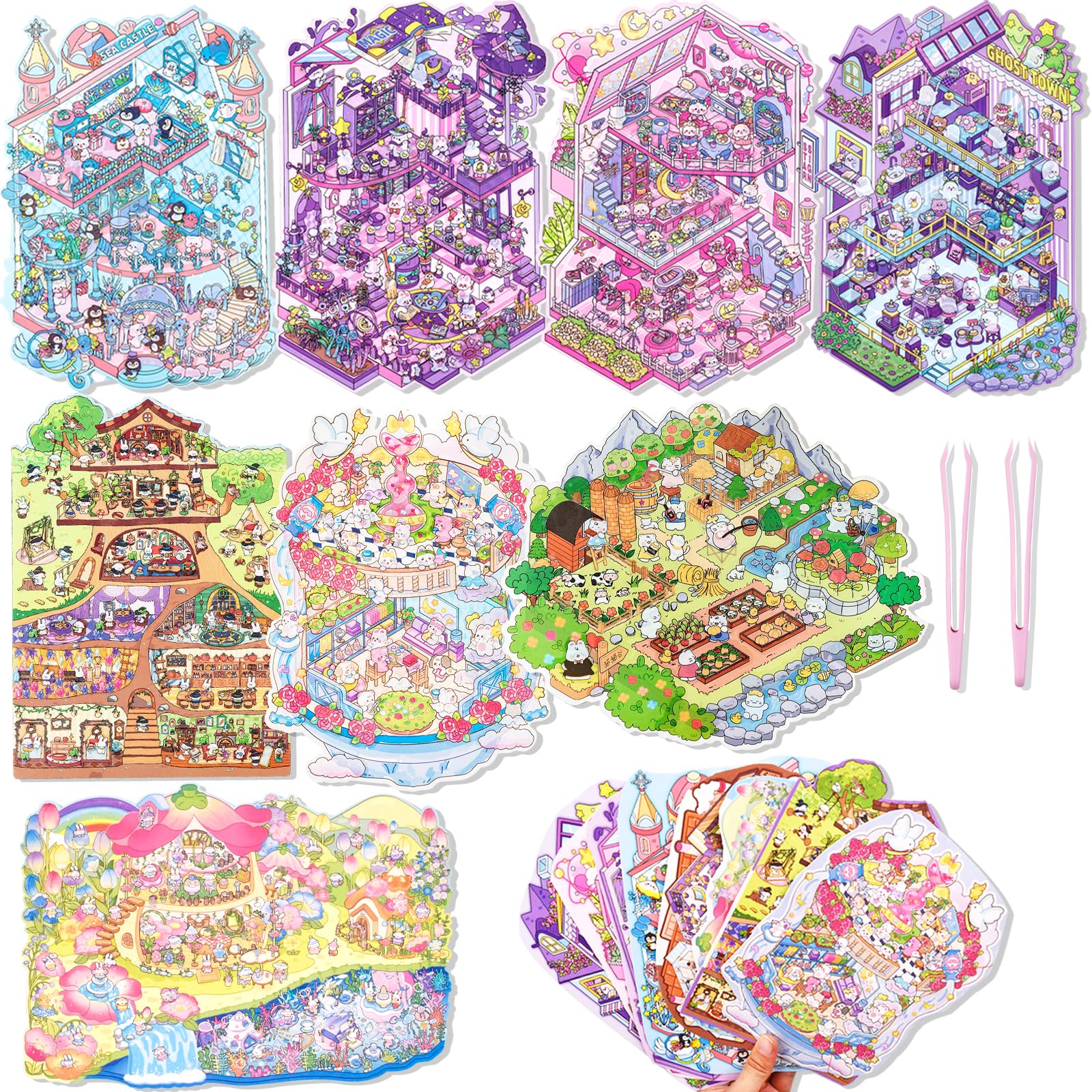 Aifong 8 Pcs Big Size DIY 3D Sticker Scene 8.3 x 11.8 Inch Sticker Therapy for Adult Cute Cartoon Stickers Scene Make Your Own Scenes Miniature Room for Relief Stress