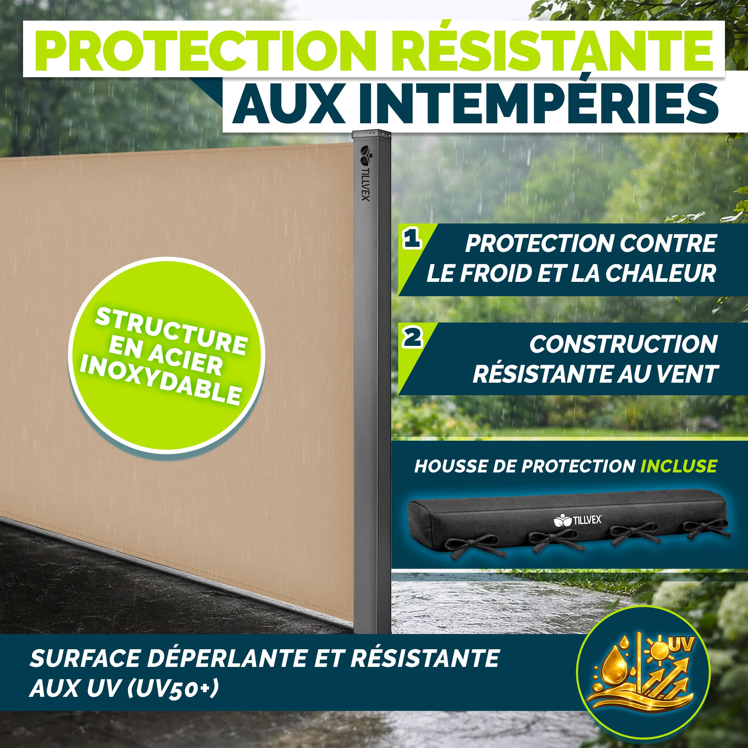 tillvex® Store latéral 160 x 400 cm extensible et opaque avec Housse de protection | Brise-vue pour balcon, jardin et terrasse | Support mural | Protection solaire en acier inoxydable | Contre le vent