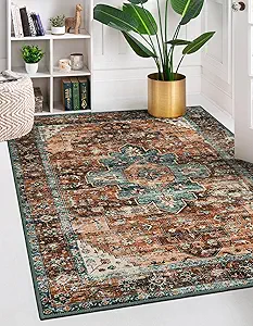 Moynesa Ultra-Thin Washable Vintage Area Rug - 5x7 Large Boho Non-Slip Rug for Bedroom Living Room Oriental Medallion Non-Shedding Print Floor Carpet for Dining Room Home, Brick Red/Dull Teal