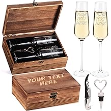 Set of 2 Personalized Couples Wedding Champagne Flute Glasses 8 oz &ndash; Custom Engraved Your Text, Bride &amp; Groom Toasting Flutes with Wooden Keepsake Box, Bottle Stopper &amp; Corkscrew Opener