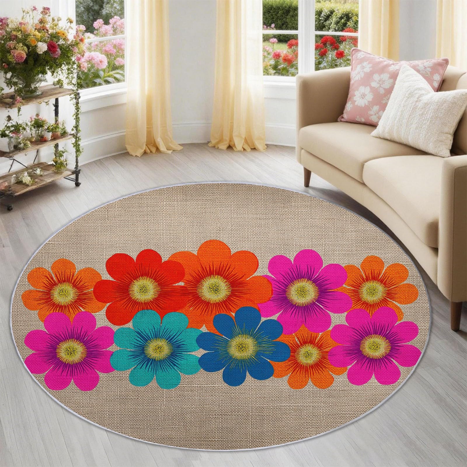 120 cm okrągły dywan do salonu z krótkim włosiem, styl boho, styl retro z lat 70. XX wieku, miękka i wygodna, wielokolorowa, zmywalna i antypoślizgowa, do salonu sypialni