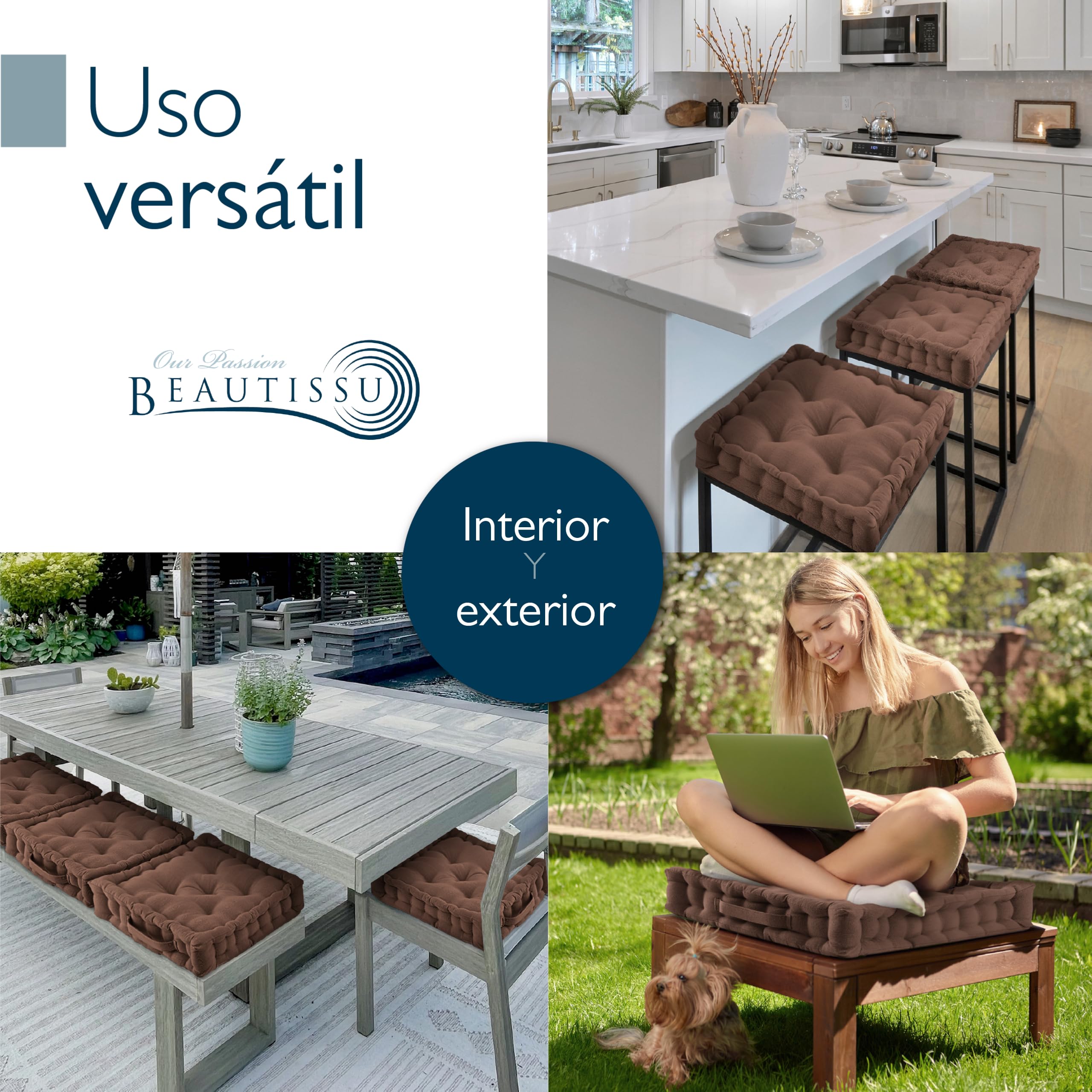 Beautissu Lote de 2 Cojines de Suelo Asiento 100% algodón con asa Grueso | 50x50cm Marrón colchón Grueso 10cm Cojín de Silla Interior y Exterior Transporte Mila