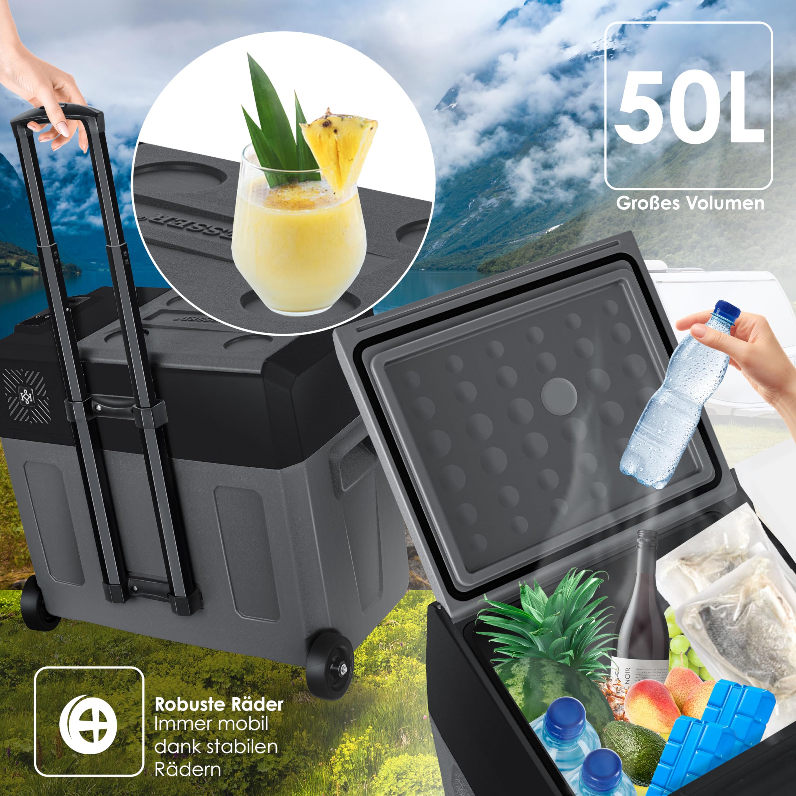KESSER® Lodówka elektryczna z kompresorem, 50 litrów, ze sterowaniem za pomocą aplikacji, złącze USB 12/24 V 230 V, drążek teleskopowy do lodówki, chłodzenie do -20 °C do samochodu, ciężarówki, łodzi, kampera, kempingu