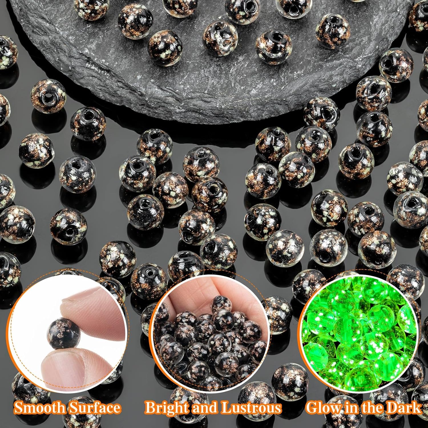 108PCS Glow in The Dark Beads - 8mm Luminous Glass Beads, Crystal Round Glow Firefly Glass Bead for Jewelry Making DIY Crafts Bracelets Earring Spacer Bead (Black) - Image 3