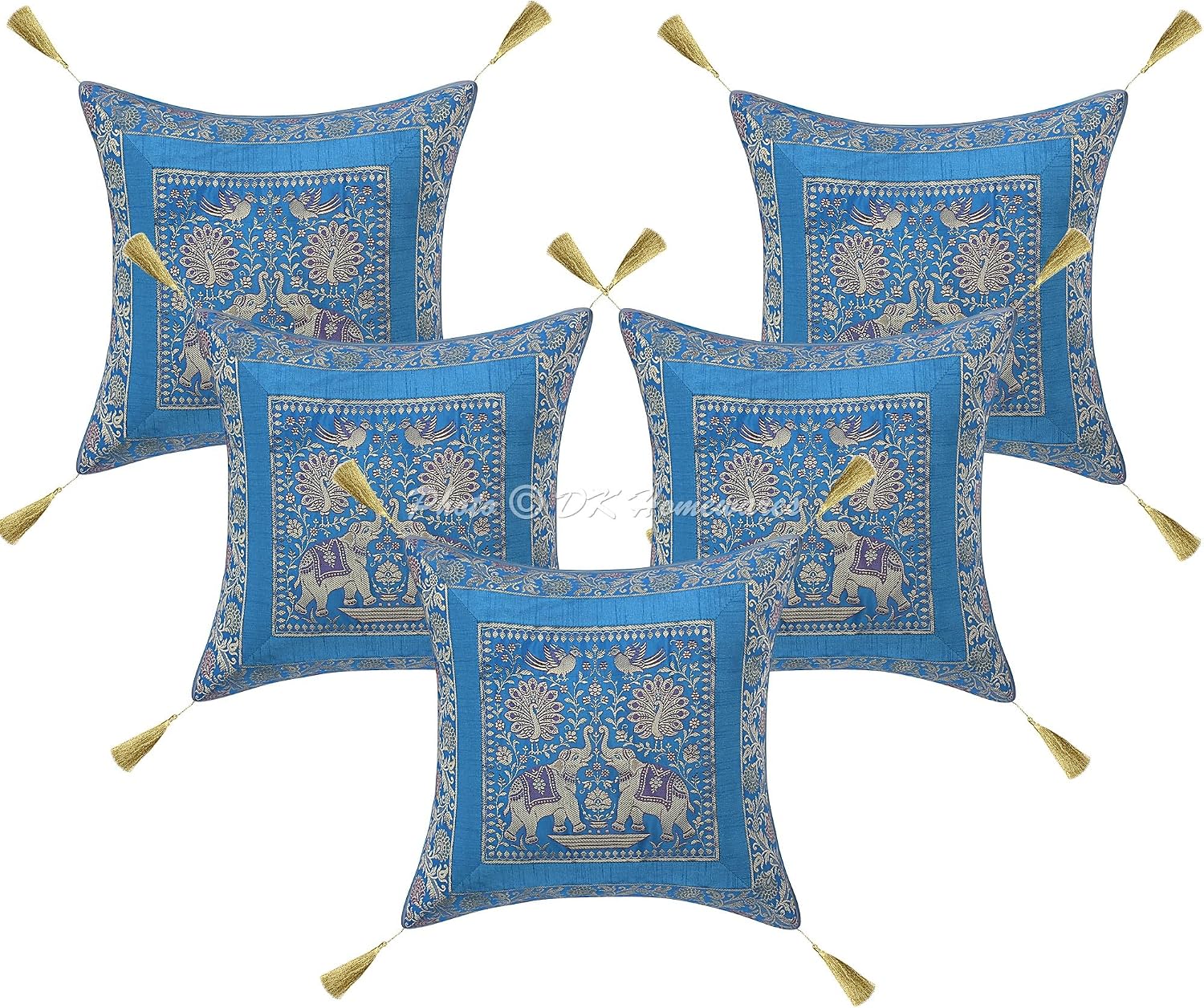 Ethnic Throw Pillowcases 18 Inch Brocade Jacquard Weave Ethnic Square Elephant Cushion Covers (Size - 45x45 cm ; Color: Turquoise & Gold) - Set of 5 Pcs (Cover Only)