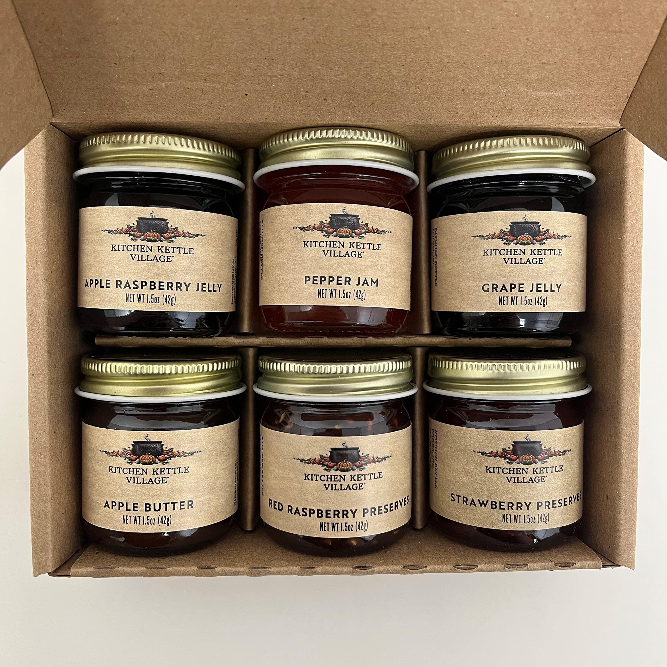 Kitchen Kettle Village Jam Sampler Gift Set (Amish Made) 6-pack Variety Sampler of Jams and Jellies, 1.5 Ounce Jars [1 of each flavor]