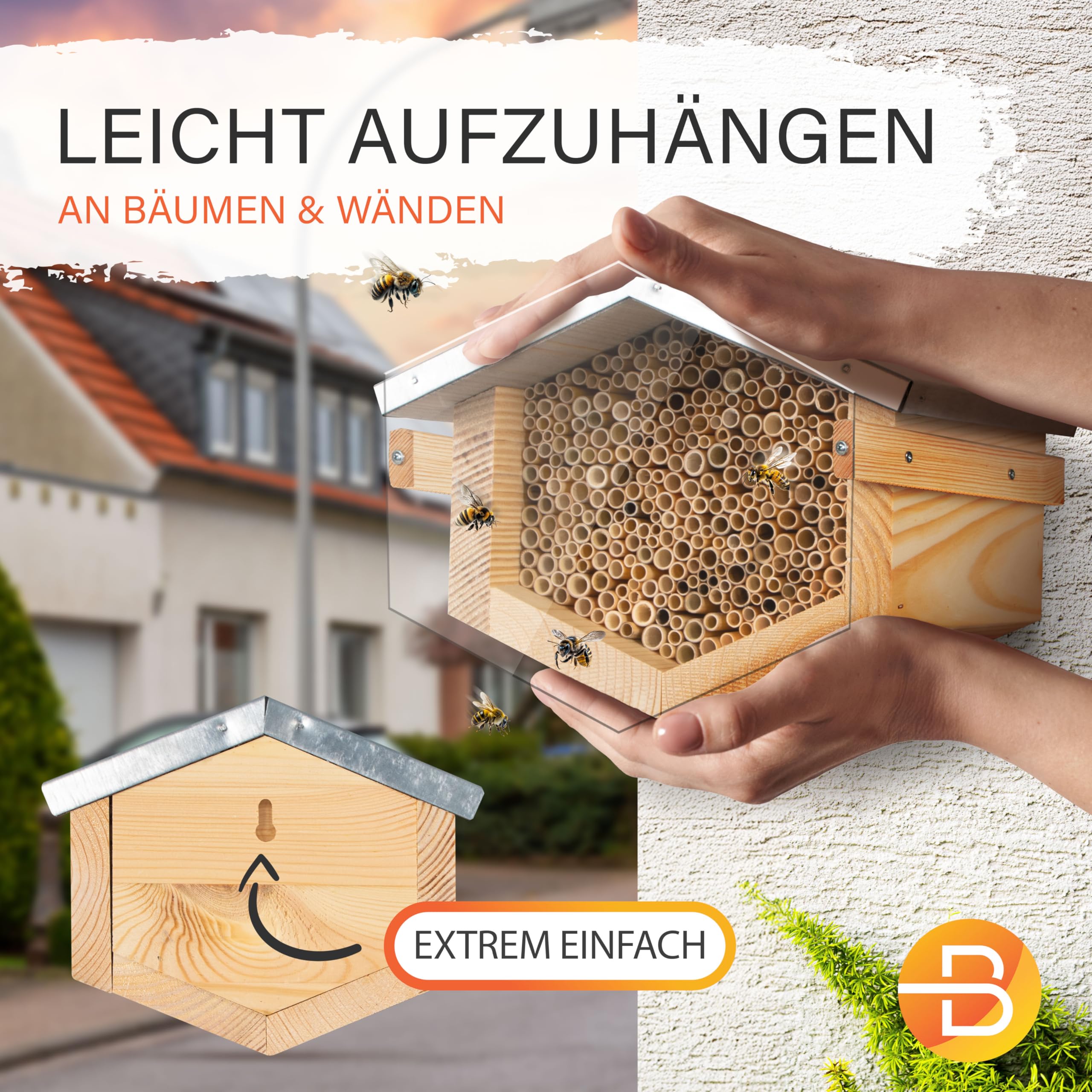 Beesi Wildbienenhotel mit Vogelschutz I Dach wetterfest I Nisthülsen aus Bambus I hochwertiges Insektenhotel I ohne Splitter mit Acrylgrlas Vogelschutz (Schilf - Für kleinere Bienen, Brown)