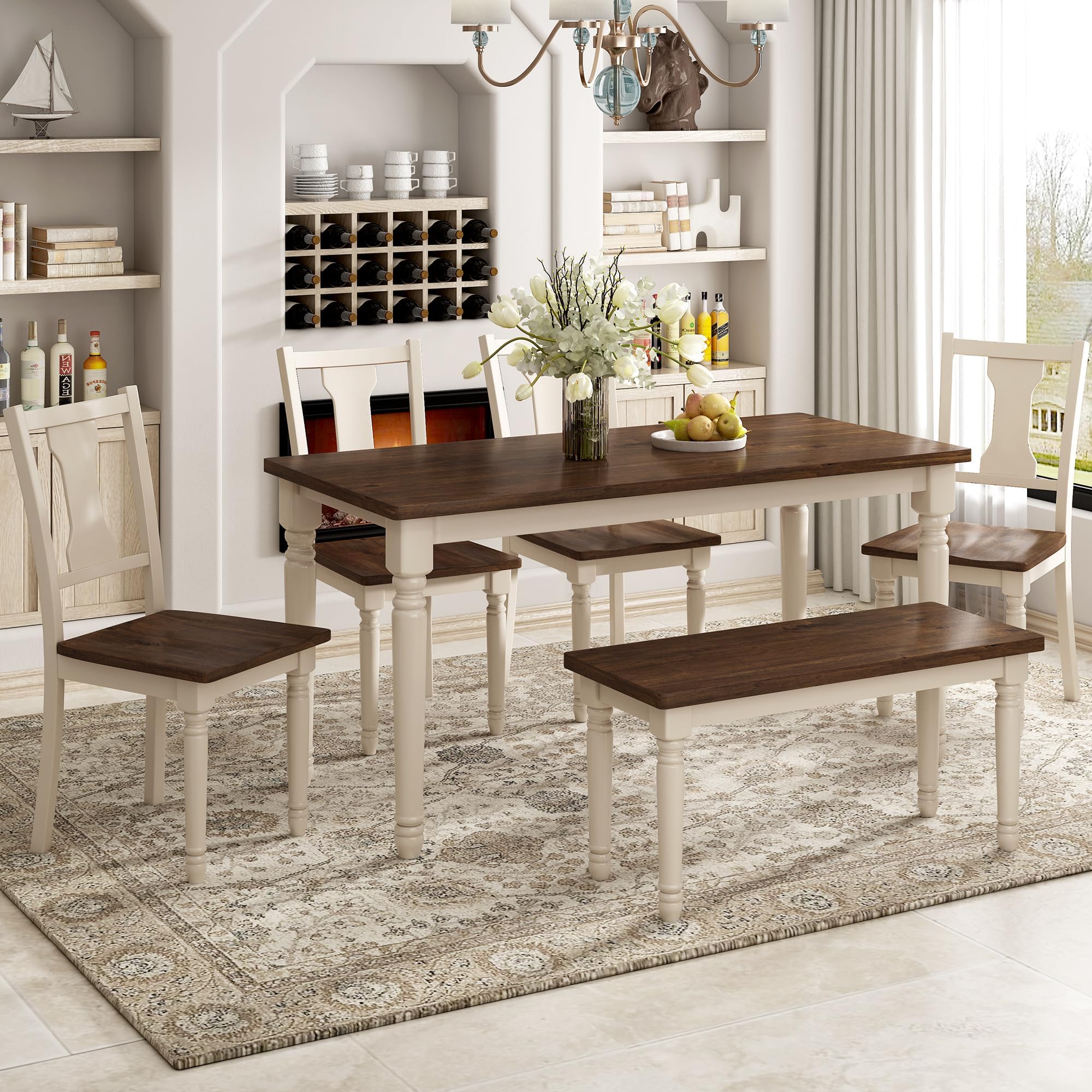 LUMISOL 6-Piece Farmhouse Dining Table Set with Bench, Wooden Rectangular Kitchen Table with 4 Upholstered Chairs & Bench, Dining Room Furniture Set for 6, Brown+Cottage White