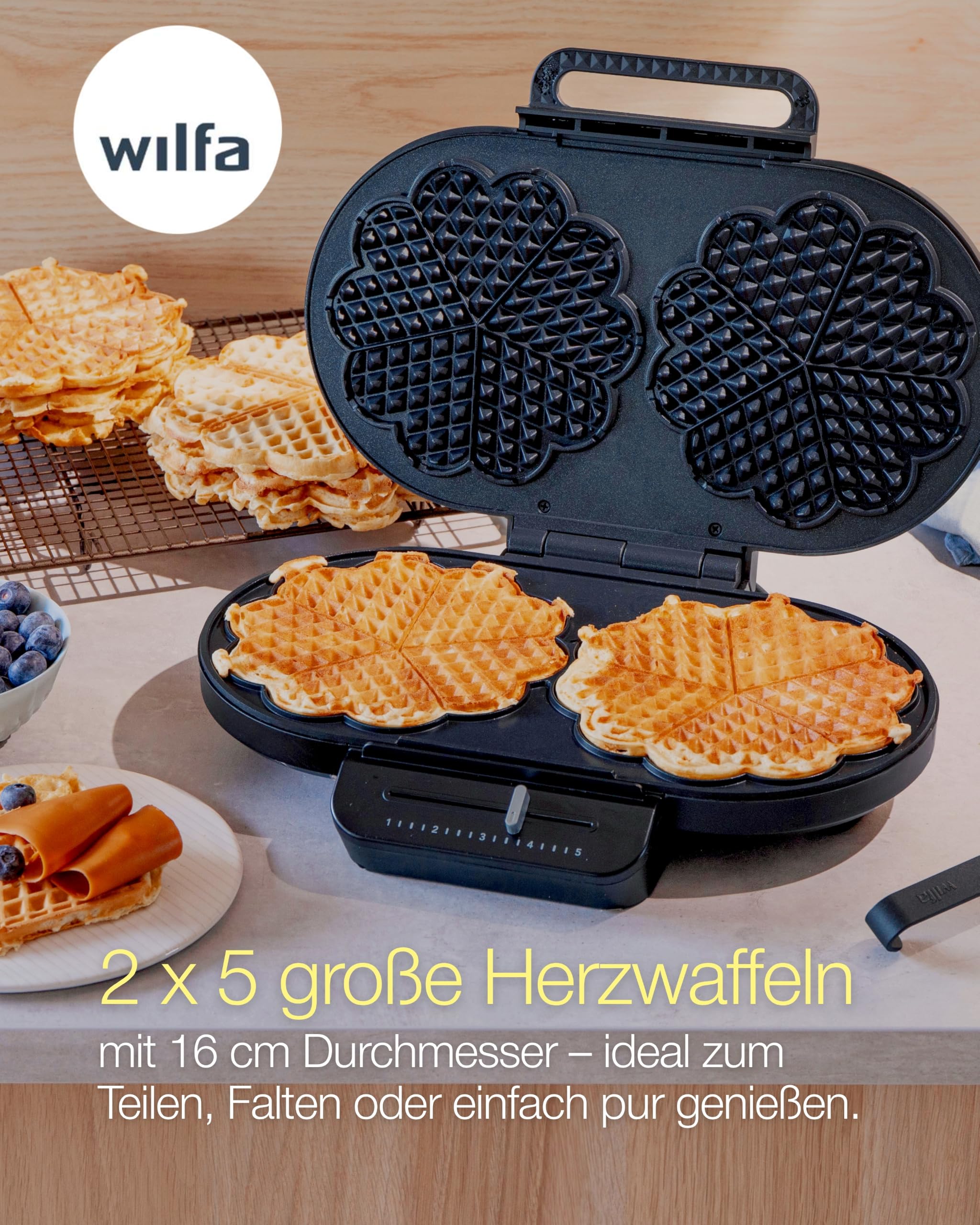 Wilfa BELL Waffeleisen I 1400W Power & 21 cm XXL Herzwaffel I Herzwaffeleisen mit 7 Bräunungsstufen, Signalton & doppelte Antihaftbeschichtung I Schnelles Aufheizen & gleichmäßige Bräune