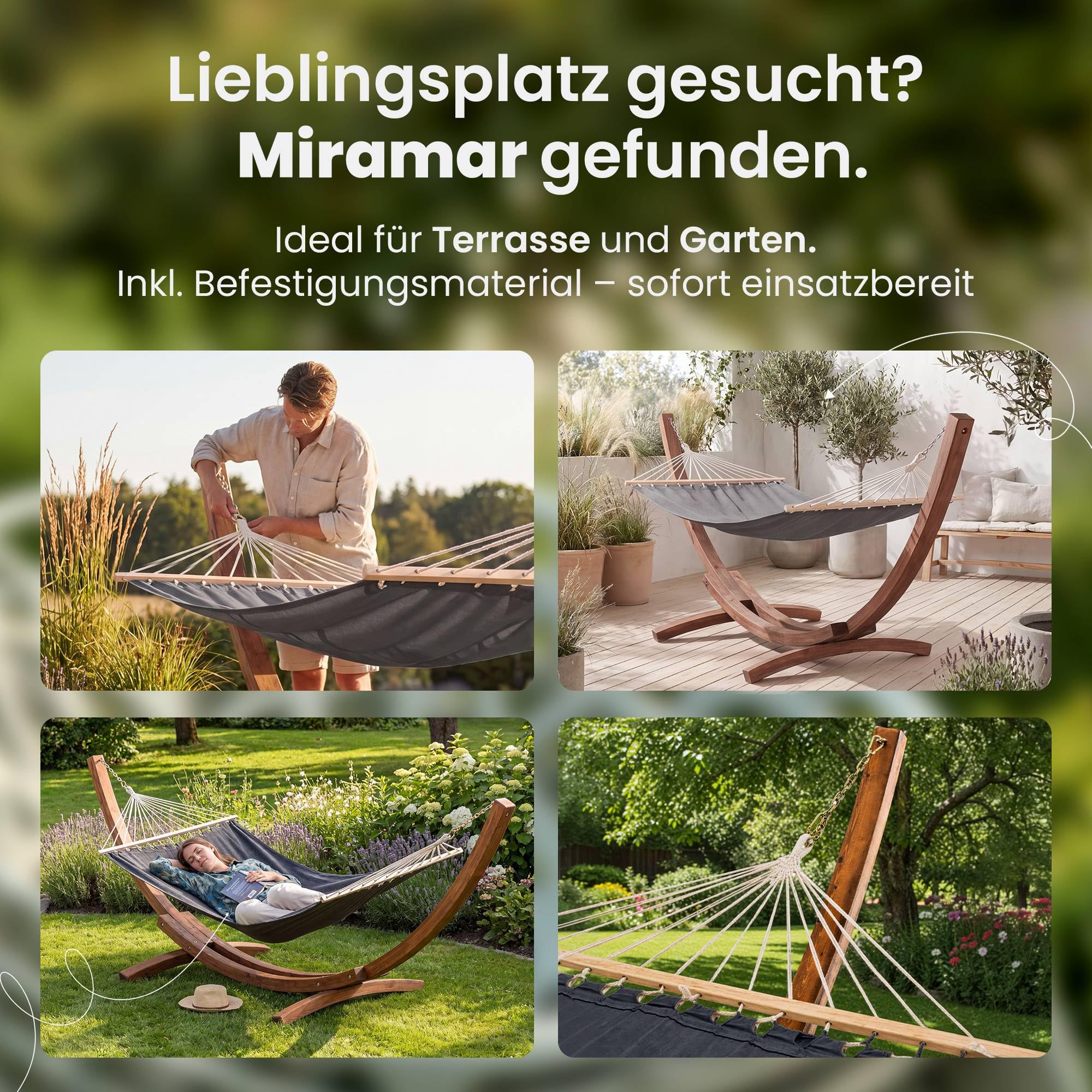 CLP Hängematte freistehend Miramar mit Holzgestell aus Eukalyptus, Hängemattengestell bis 150 kg belastbar, ideal für Garten, Terrasse, Balkon, Farbe:grau