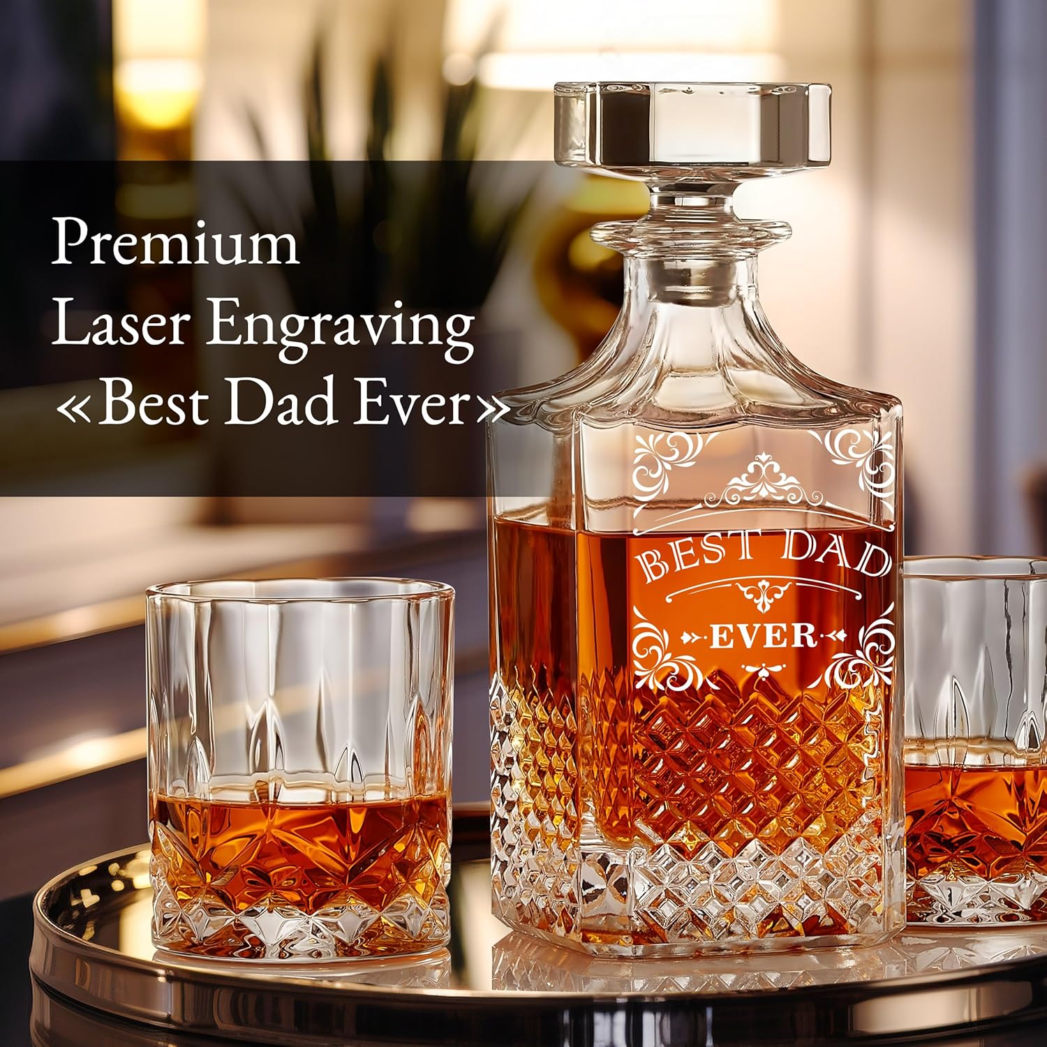 Luxury Gift For Men - Best Dad Ever - Unique Engraved Whiskey Decanter Set For Beloved Dad Christmas or Birthday Gift – 4 Whiskey Glasses And Decanter Set Is a Great Gift Idea for Whisky, Bourbon - Image 2