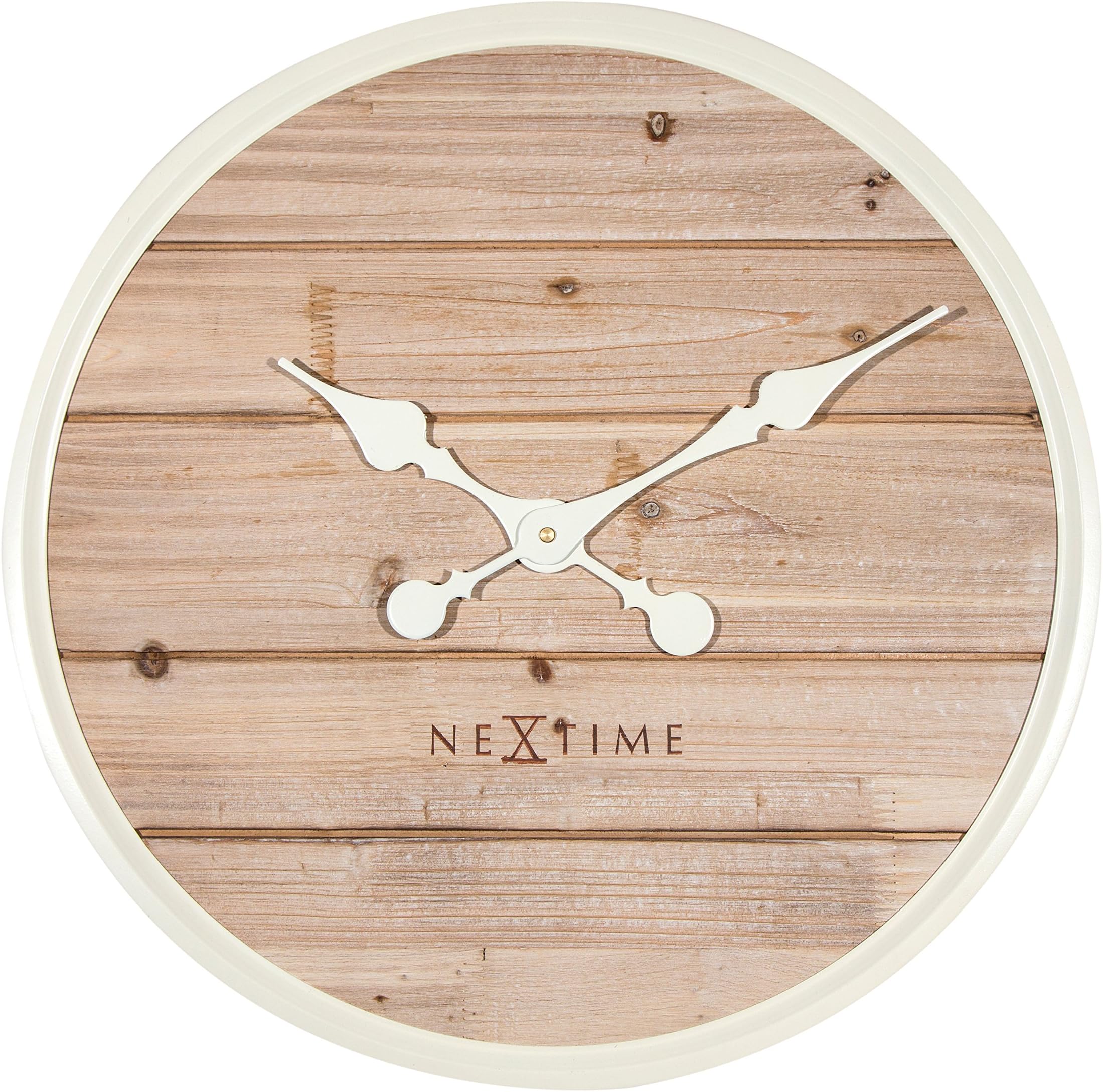 Unek Goods NeXtime Plank Clock, Large Round, Natural Wooden Face, Ivory Frame & Hands, Battery Operated