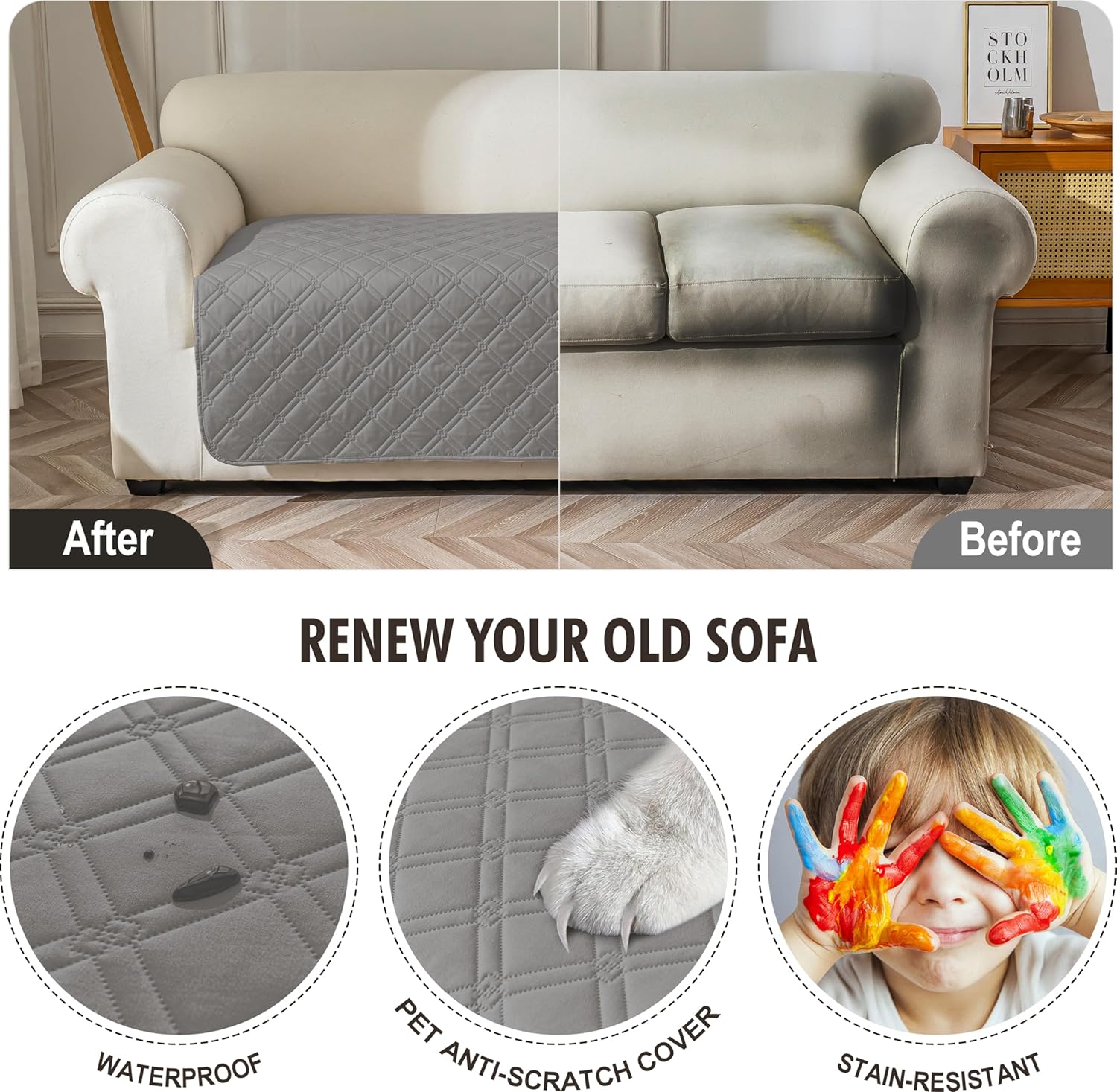 Genina Waterproof Couch Cover, Washable Anti-Slip 67 inch Sofa Covers with 3 Cushions, Sectional Couch Covers for Pets Friendly, Sofa Slipcovers for Dogs Cats, (67inch/Light Grey)