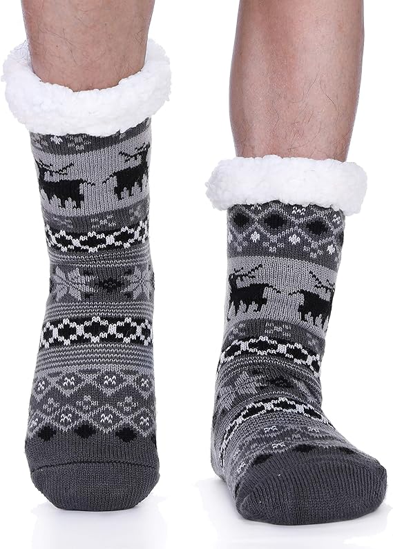 ProEtrade Slipper Fuzzy Fluffy Socks for Mens Winter Cozy Cabin Warm Thick Fleece Comfy Non Slip Christmas Socks with Grips Home Stocking Stuffer (Deer Grey)