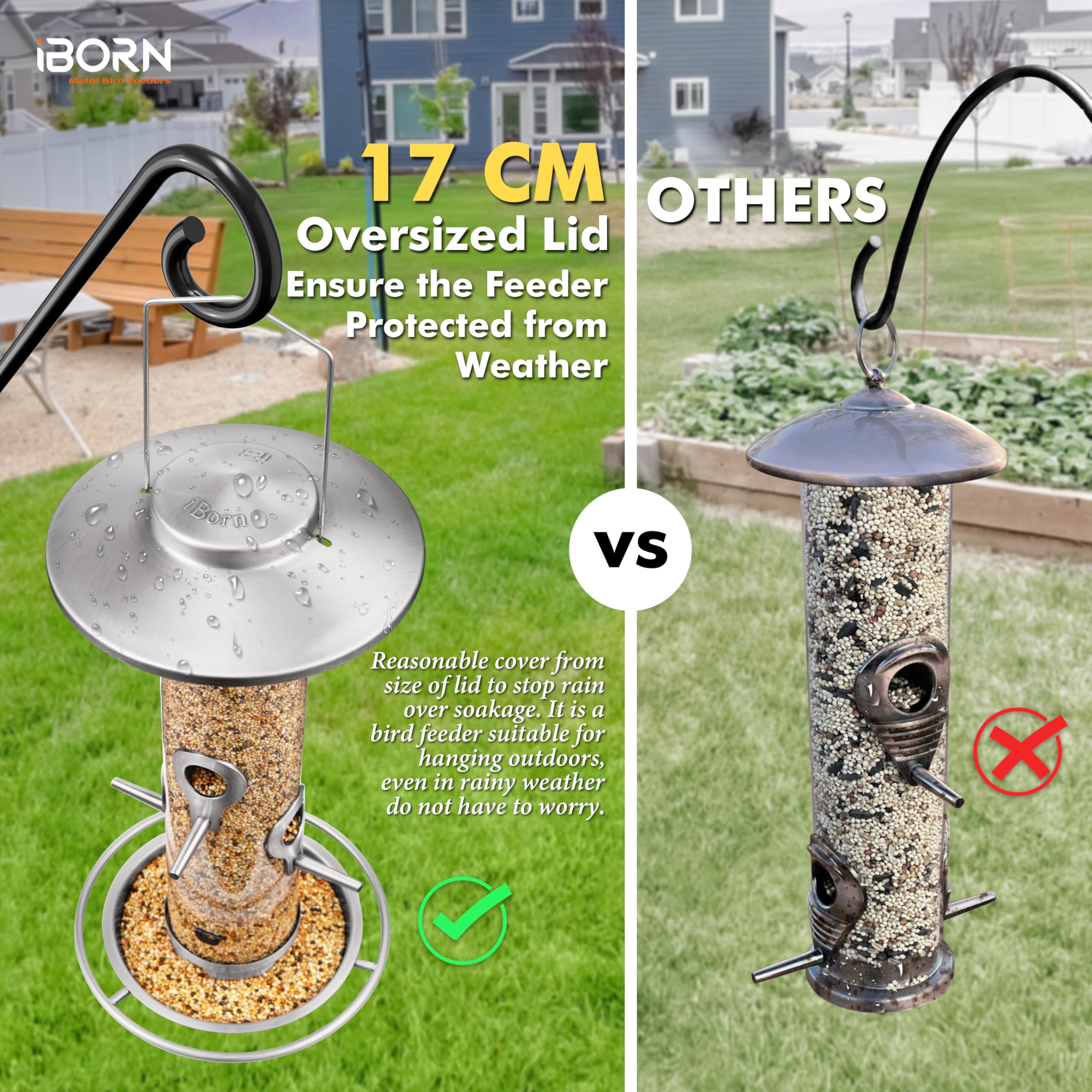 iBorn Metal Bird Feeder for Outside Hanging,Wild Bird Feeders for Cardinal,17cm Large Roof&Nickle,35CM Long,2lb Capacity 8 Ports (Seed is not Included) - Image 4