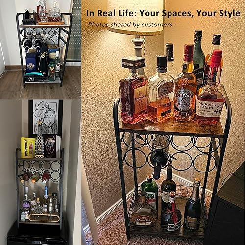 Miniatura 6 de Mesa de bar de vinos de 3 niveles soporte pequeño para botellas de licor con estante de vino de 8 botellas, mini gabinete de bar de vino, estante de