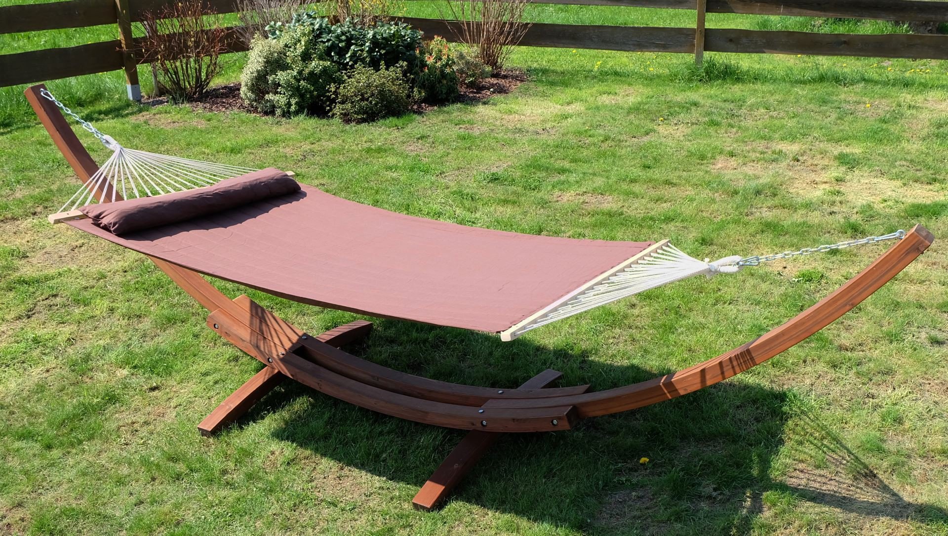 ALEOS. AS-S Stand du hamac mélèze Bois XXL 410 cm de Luxe avec hamac ÉDITION FILL CAFÉ (rembourré) avec Hamac
