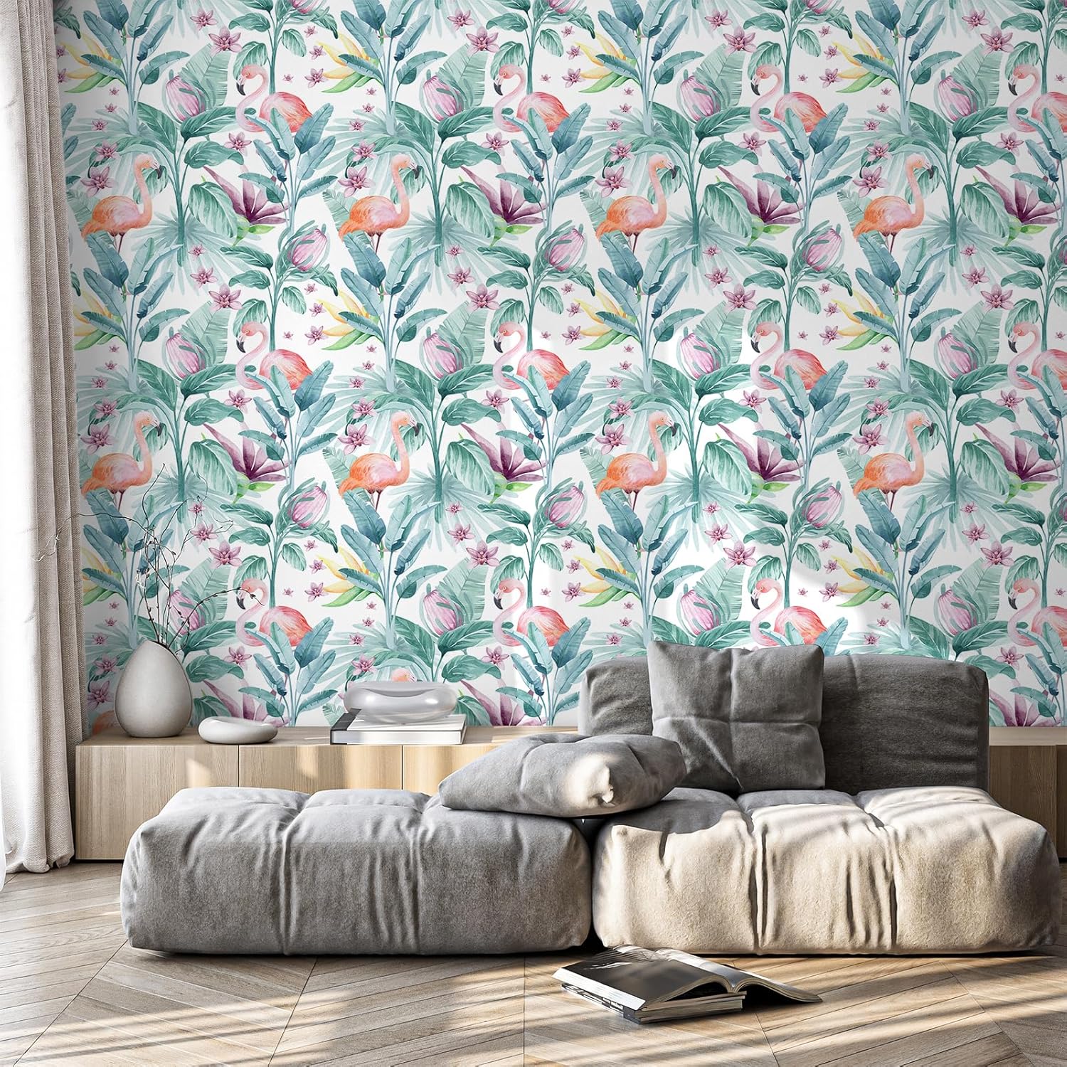 VaryStyle 17.7"x393" Tropical Wallpaper Peel and Stick Jungle Palm Tree Flamingo Floral Wallpaper for Girls Bedroom Renter Friendly Waterproof Vinyl Nature Contact Paper for Shelves Drawers Kids Room