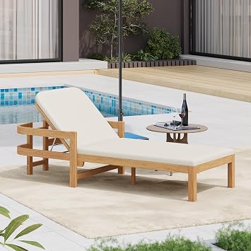 GDFStudio Chaise Lounge Outdoor Chairs with Cushion Patio Lounge Chair Adjustable 4-Position Backrest Recliner Full Flat Tanning Sunbathing Teak Acacia Reclining for Outside Beach Pool, Cream