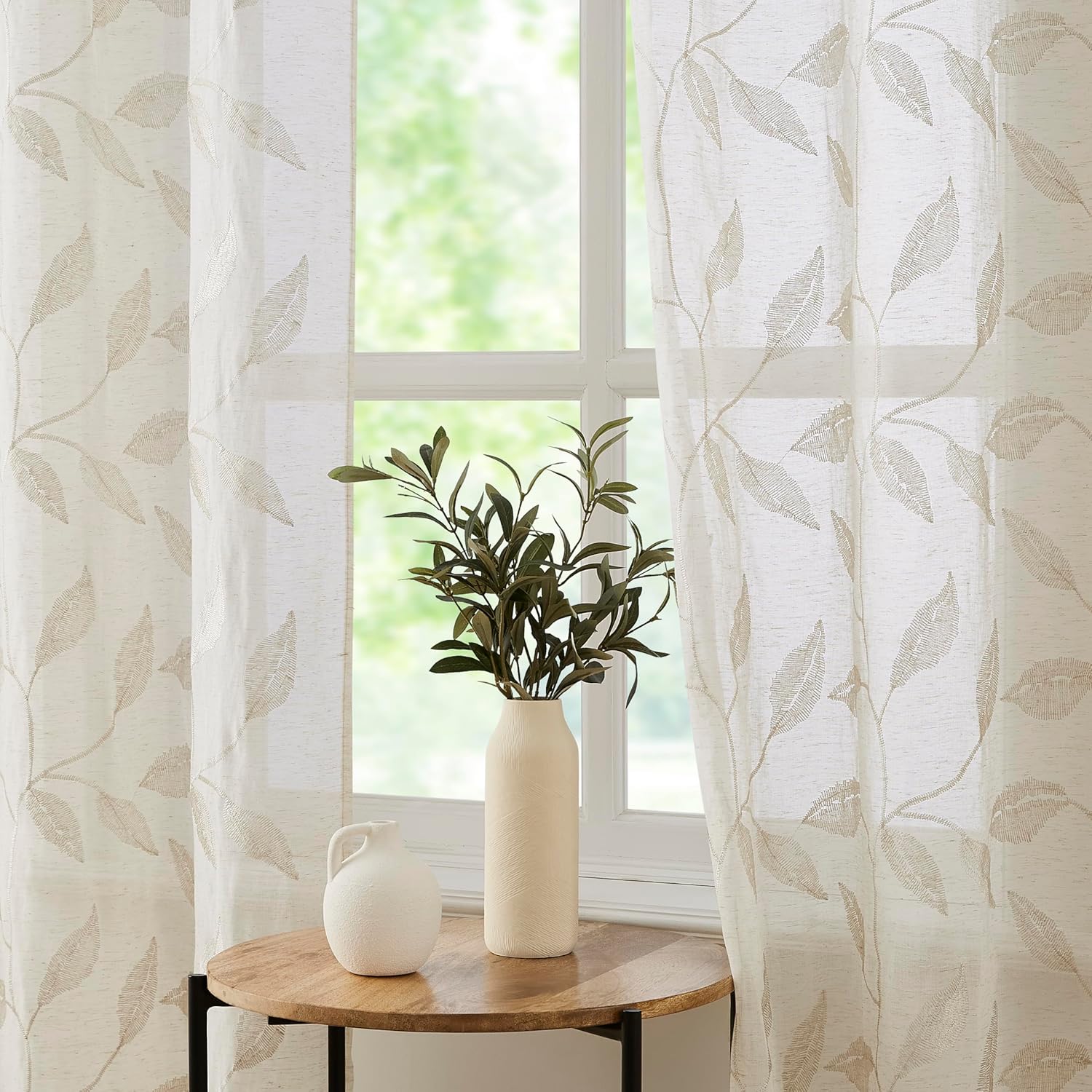 Bujasso White Semi Sheer Floral Curtains 108 inch Embroidered Leaf Patterned Window Curtain Panels with Lined Privacy Farmhouse Light Filtering Drapes for Living Room Bedroom Grommet Top W38 xL108 x2