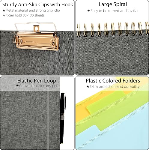 Miniatura 10 de Ospelelf Portapapeles plegable en espiral con bolsa de almacenamiento con cremallera, 5 carpetas de plástico con 10 bolsillos, bloc de notas forrado