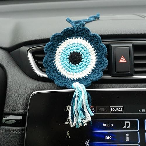 Miniatura 3 de Talataca Adorno de ganchillo para automóvil de ojo malvado – Dije de espejo retrovisor de ojo azul turco hecho a mano, decoración colgante de