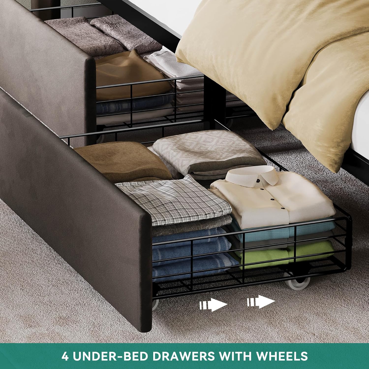 YITAHOME King Size Bed Frame with 4 Drawers and RGB LED Lights, Velvet Upholstered Platform Bed with Charging Station and Storage Headboard, No Box Spring Needed, Easy Assembly, Noise-Free, Grey - Image 8