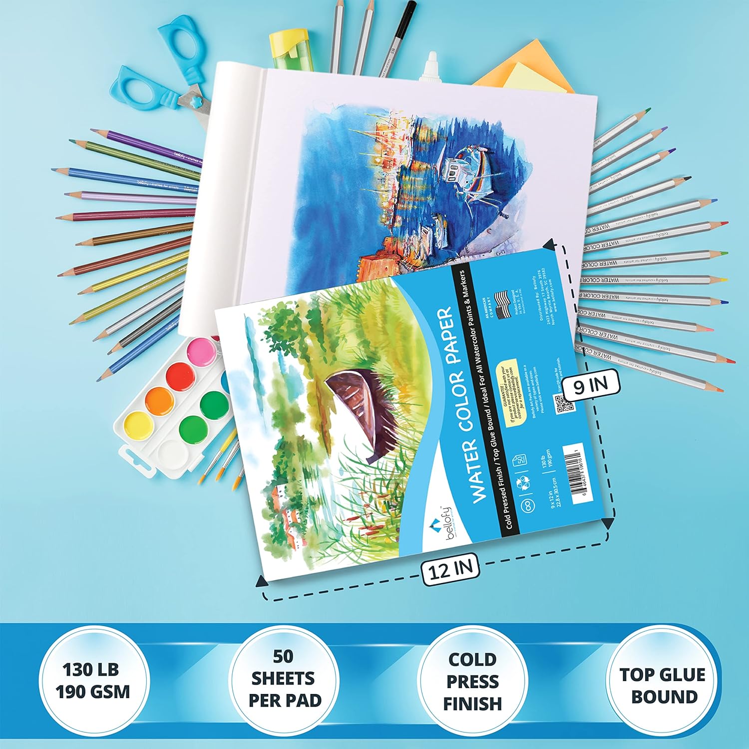 Bellofy 2X Watercolor Paper Pad, 100 Sheets, 9x12 Inches | Ideal for Kids, Artists & Beginners Love | Watercolor Sketchbook for Watercoloring Techniques | Great Gift Idea