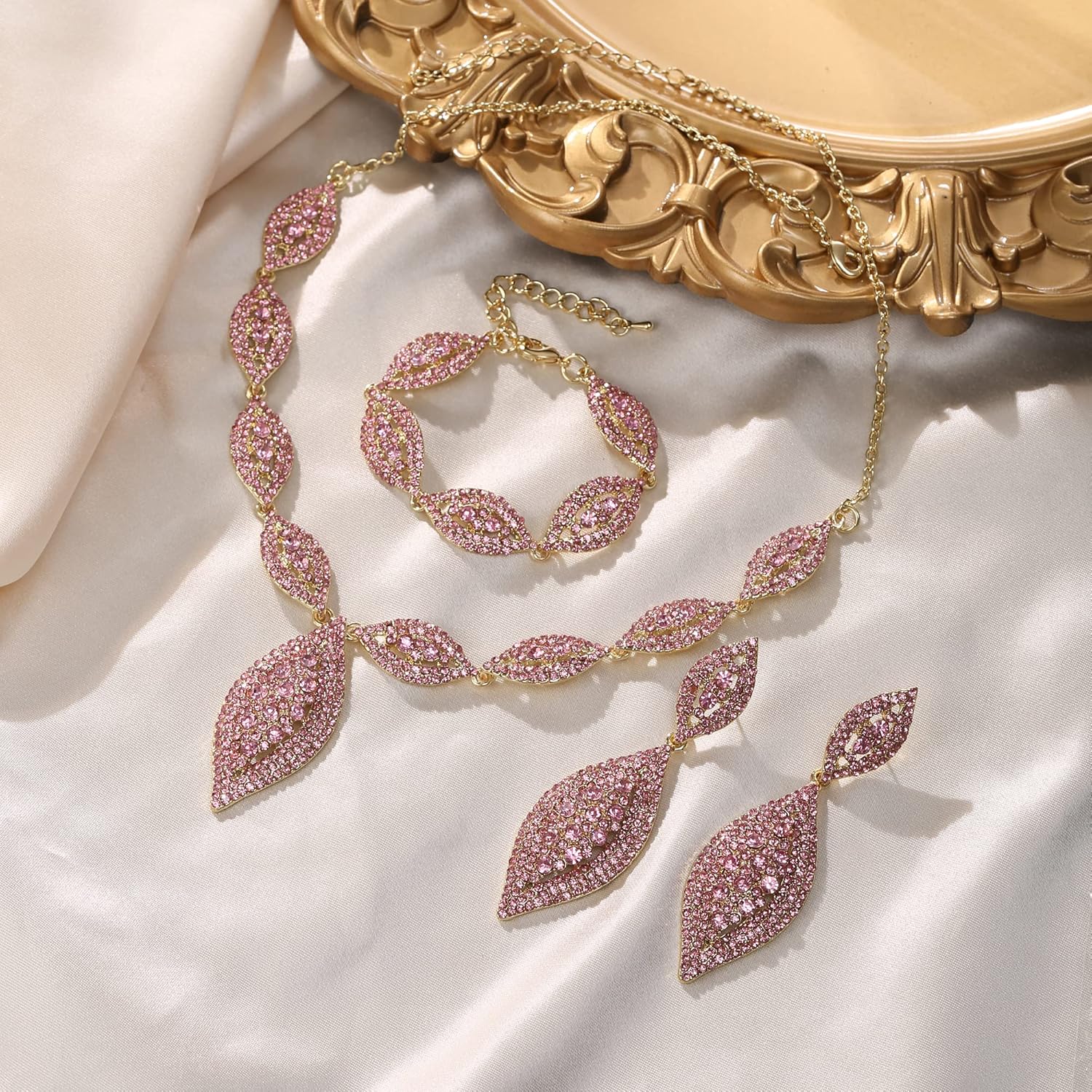 Flyonce Wedding Jewelry Set Rhinestone Crystal Bridal Leaf Necklace Drop Dangle Chandelier Earrings Sets for Women