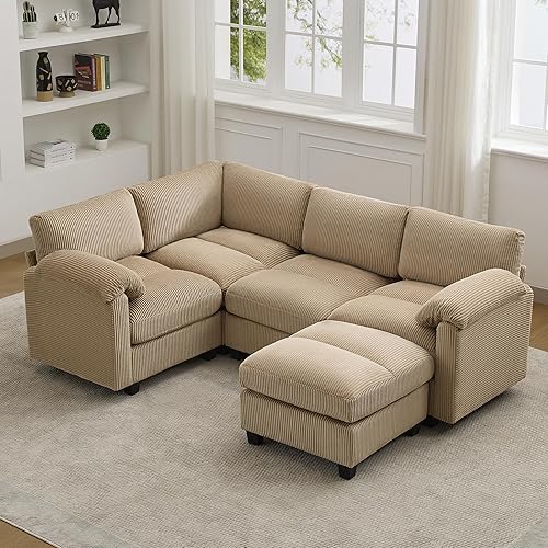 Miniatura 10 de Sofá nube seccional en forma de V de 114 pulgadas con otomana, sofás modulares de 7 plazas para sala de estar, sofá de pana de gran tamaño con