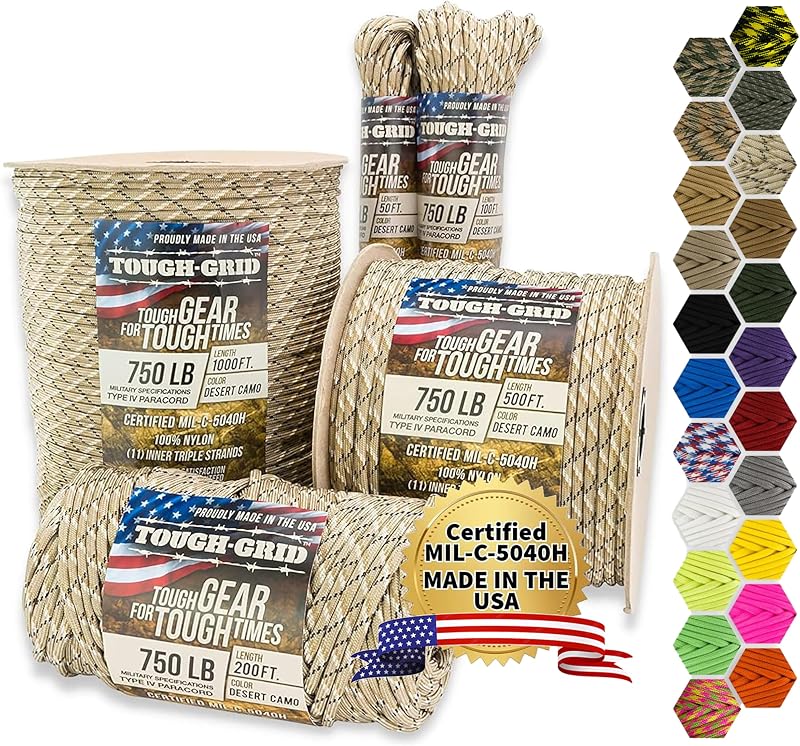 TOUGH-GRID 750 Paracord, 100% Nylon, Made in USA, Type IV Mil-Spec Cord | Versatile cord for survival kits & emergency use, fishing, camping gear, hiking, outdoor projects, field-ready utility tasks