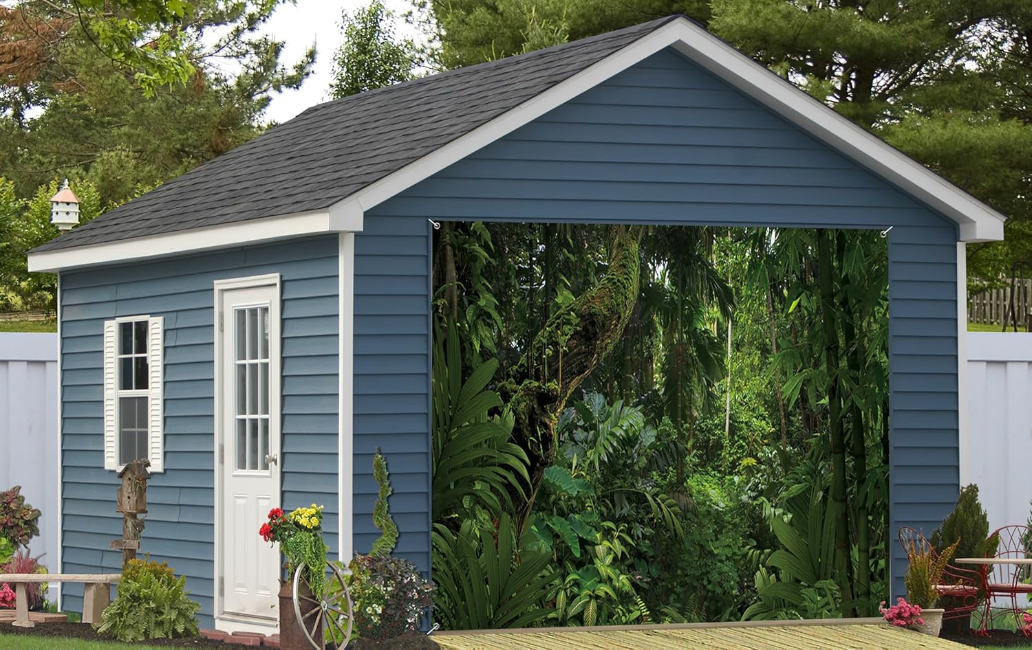 7x8ft Green Tree Jungle Outdoor Garage Door Decor Wild Tropical Rainforest Natural Forest Scenery Shooting Garage Door Cover for Spring Outdoor Adventure Theme Party Garage Door Decor